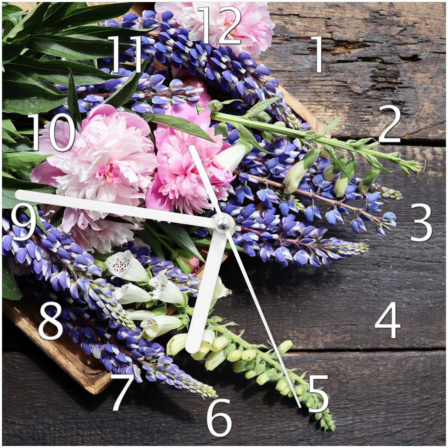 Wallario Wanduhr Stillleben mit Frühlingsblumen (Glasuhr)