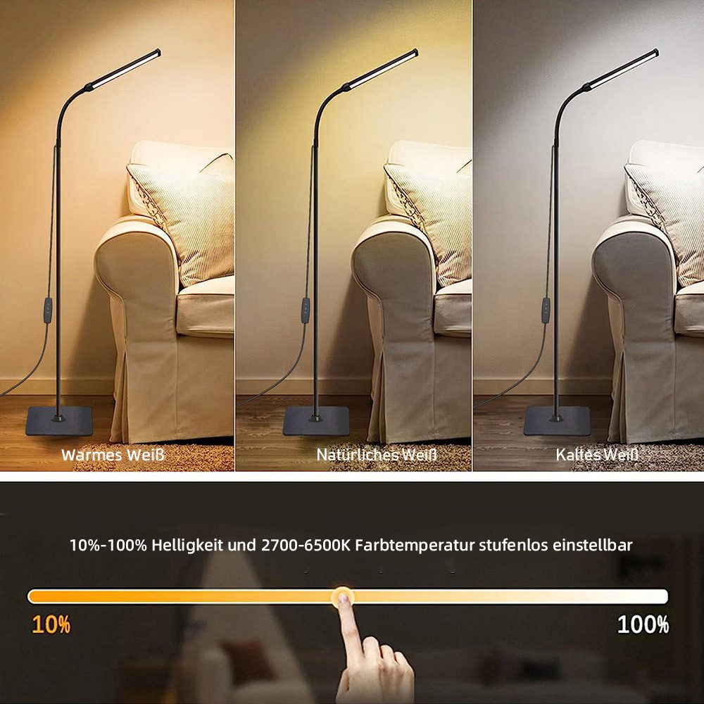 Jibenhome LED Leselampe Stehlampe Wohnzimmer 10W USB Stehleuchte, 10 %–100 %Helligkeitsstufen, Höhenverstellbar, 3000 K/4500 K/6500 K, Schwarz Standleuchte für  – Bild 3 von 5