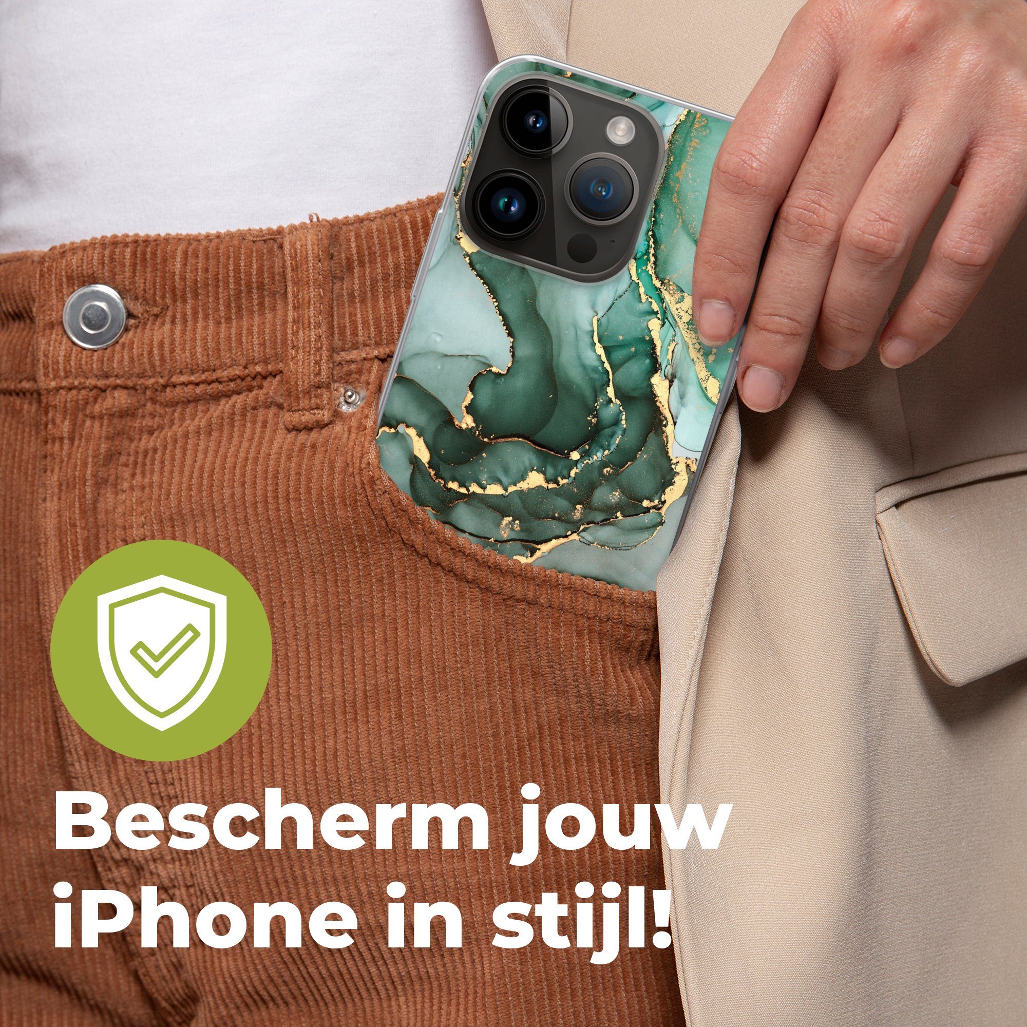 MuchoWow Handyhülle für Apple iPhone 14 Pro Gold - Marmor - Grün - Luxus - Marmoroptik - G, Smartphone-Bumper, Print, Handy Schutzhülle Dünn