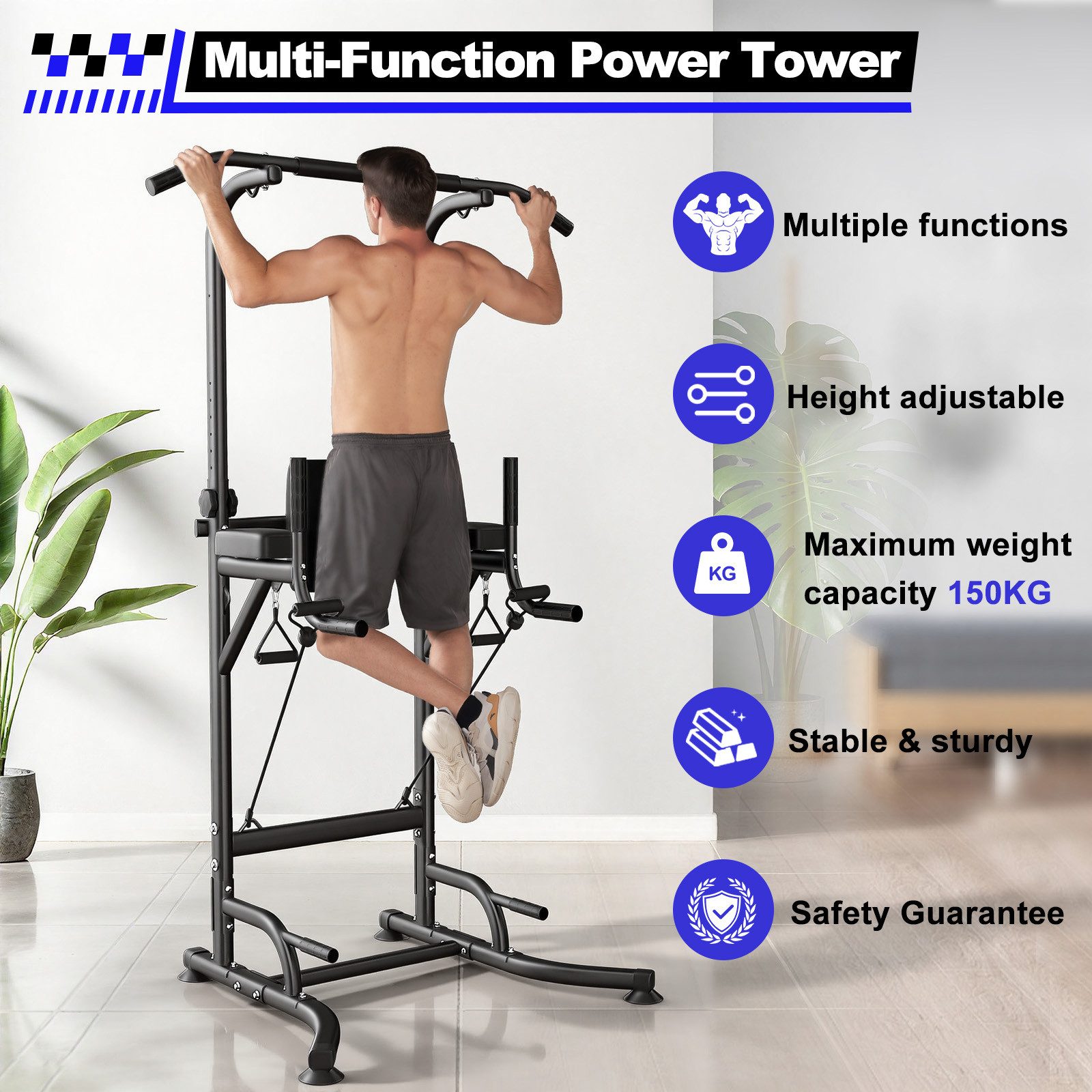 Botifly Kraftstation Multifunktional Power Tower Dip Station - Fitnessstation, (Ergonomisch Kraftstation - mit Klimmzugstange für Zuhause), 10-stufige Höhenverstellung 170–210 cm - Belastbarkeit 200 kg