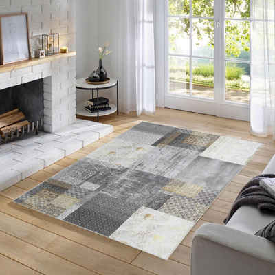 Teppich Odessa Flachgewebe Vintage Design waschbar, TaraCarpet, rechteckig, Höhe: 1 mm, Teppich Patchwork grau gold Wohnzimmer Schlafzimmer Esszimmer 080x150