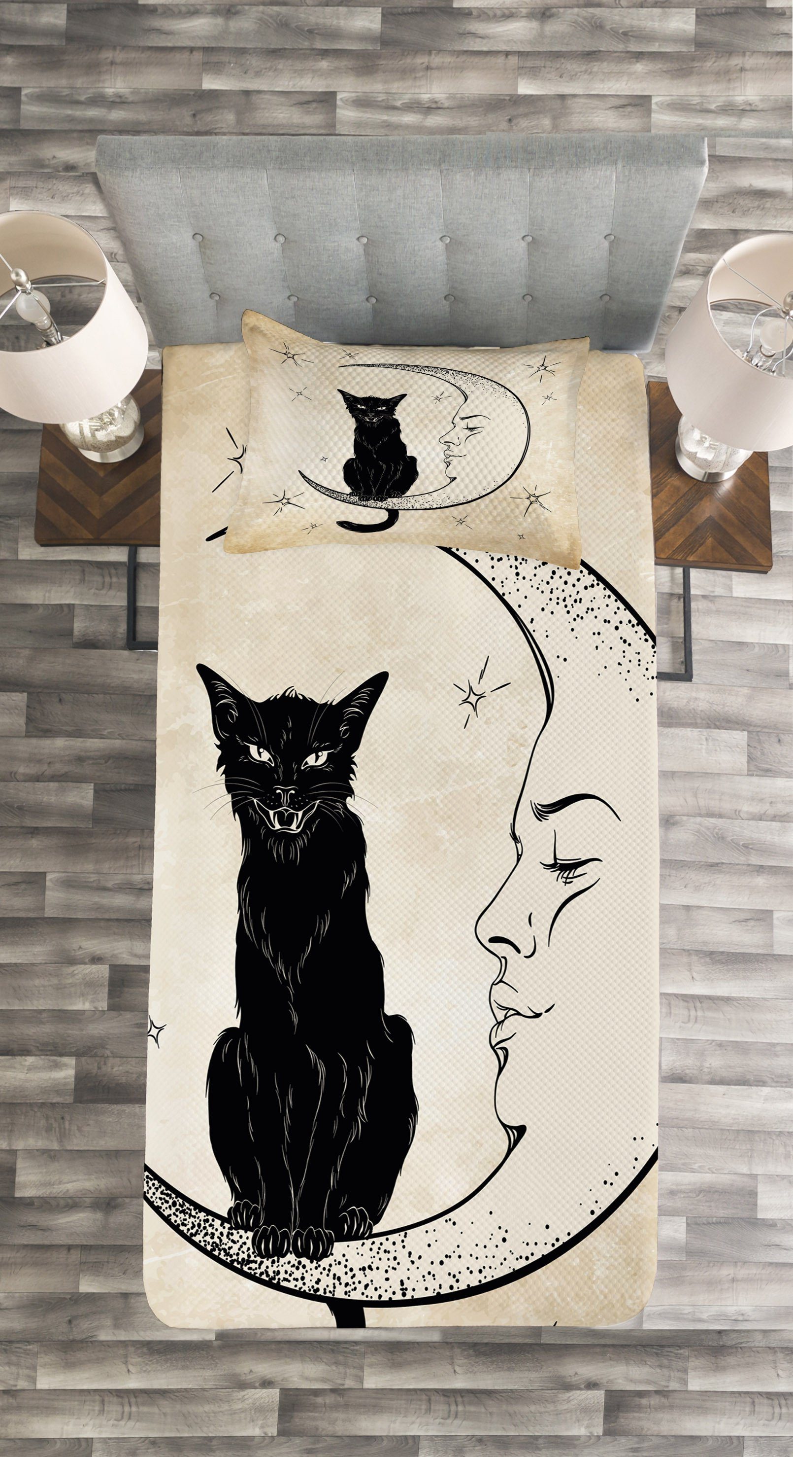 Kissenbezügen Cat Black Waschbar, Set auf Abakuhaus, Mond Tagesdecke mit Mond Siting