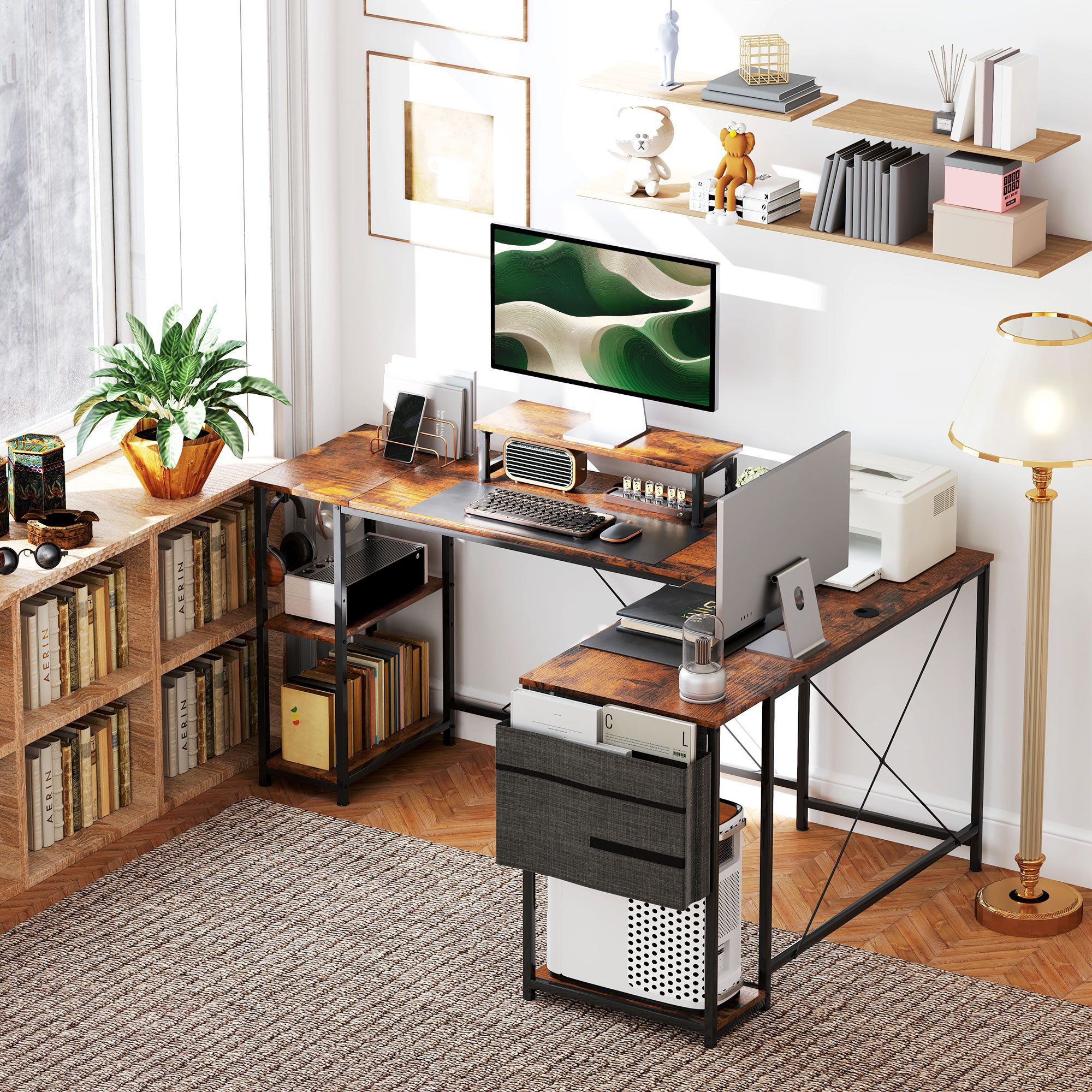REDOM Schreibtisch 168x120 cm in Rustikal-Braun, L-Form, mit Staufächern & Tasche (Packung, 1-St., Wendbarer Computertisch mit Monitorablage,für Homeoffice & Gaming), für professionelle Arbeitsumgebung & gemütliche Zockerecken