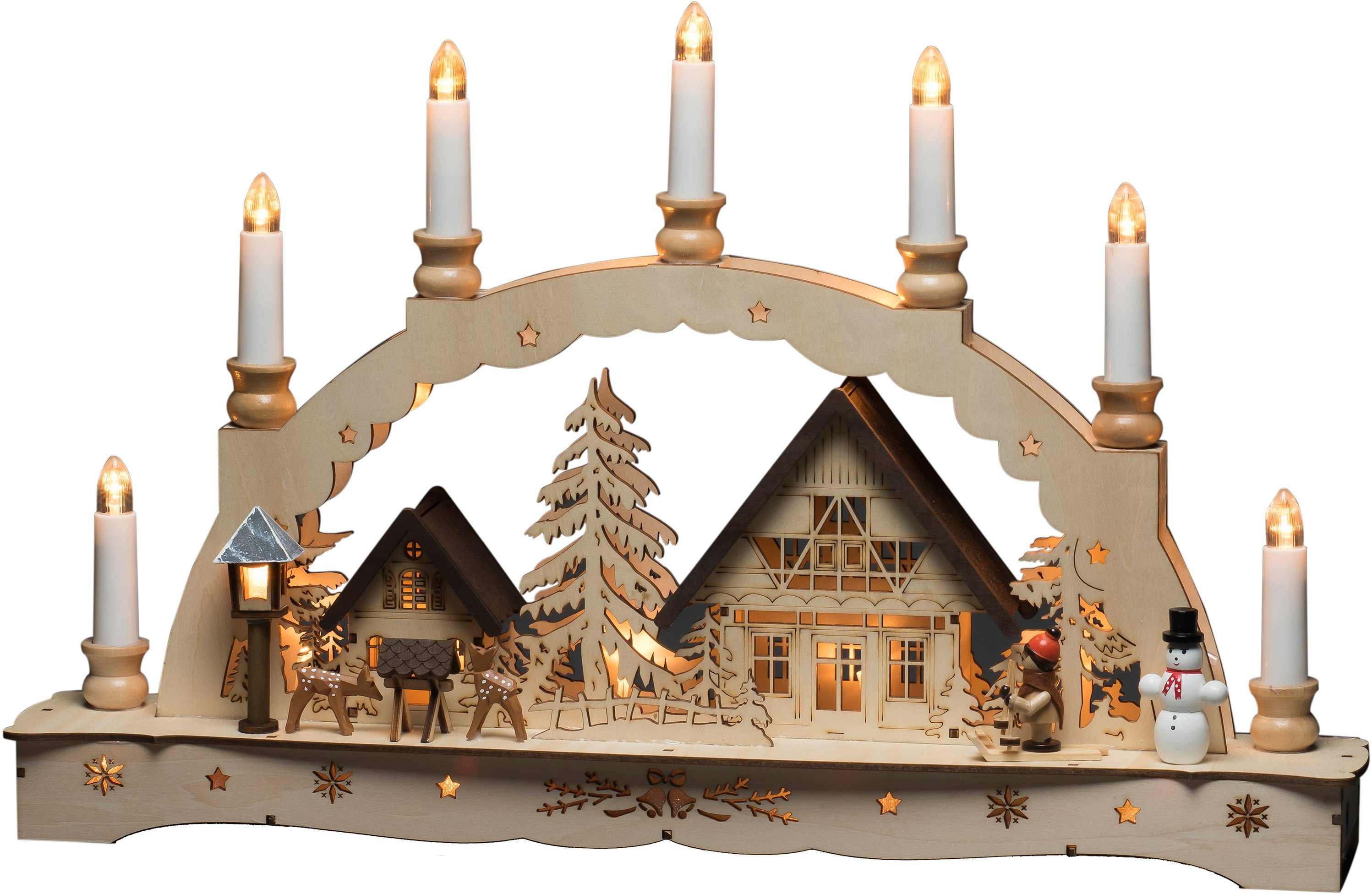 Kerzen" (1-tlg), LED Weihnachtsdeko "sieben Holzsilhouette Schwibbogen KONSTSMIDE
