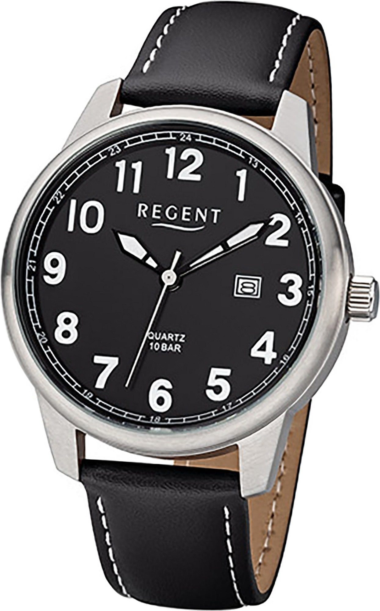 Regent Quarzuhr Regent Leder Herren Uhr F-1238 Analog, Herrenuhr Lederarmband schwarz, rundes Gehäuse, groß (ca. 41mm) | Quarzuhren
