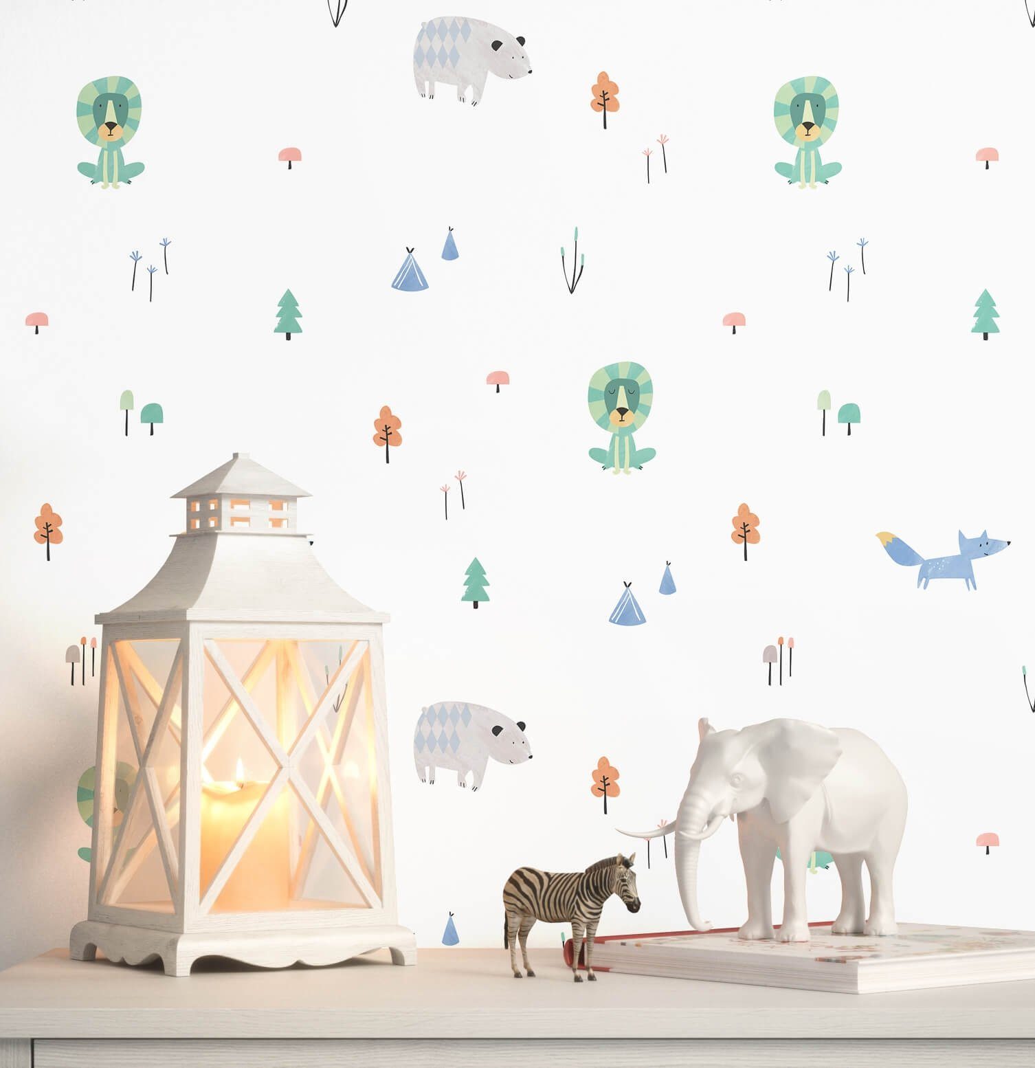 Newroom Papiertapete, Weiß Tapete Kinder Tiere - Kindertapete Babytapete Blau Grün Niedlich Modern Wald für Babyzimmer Kinderzimmer Jugendzimmer