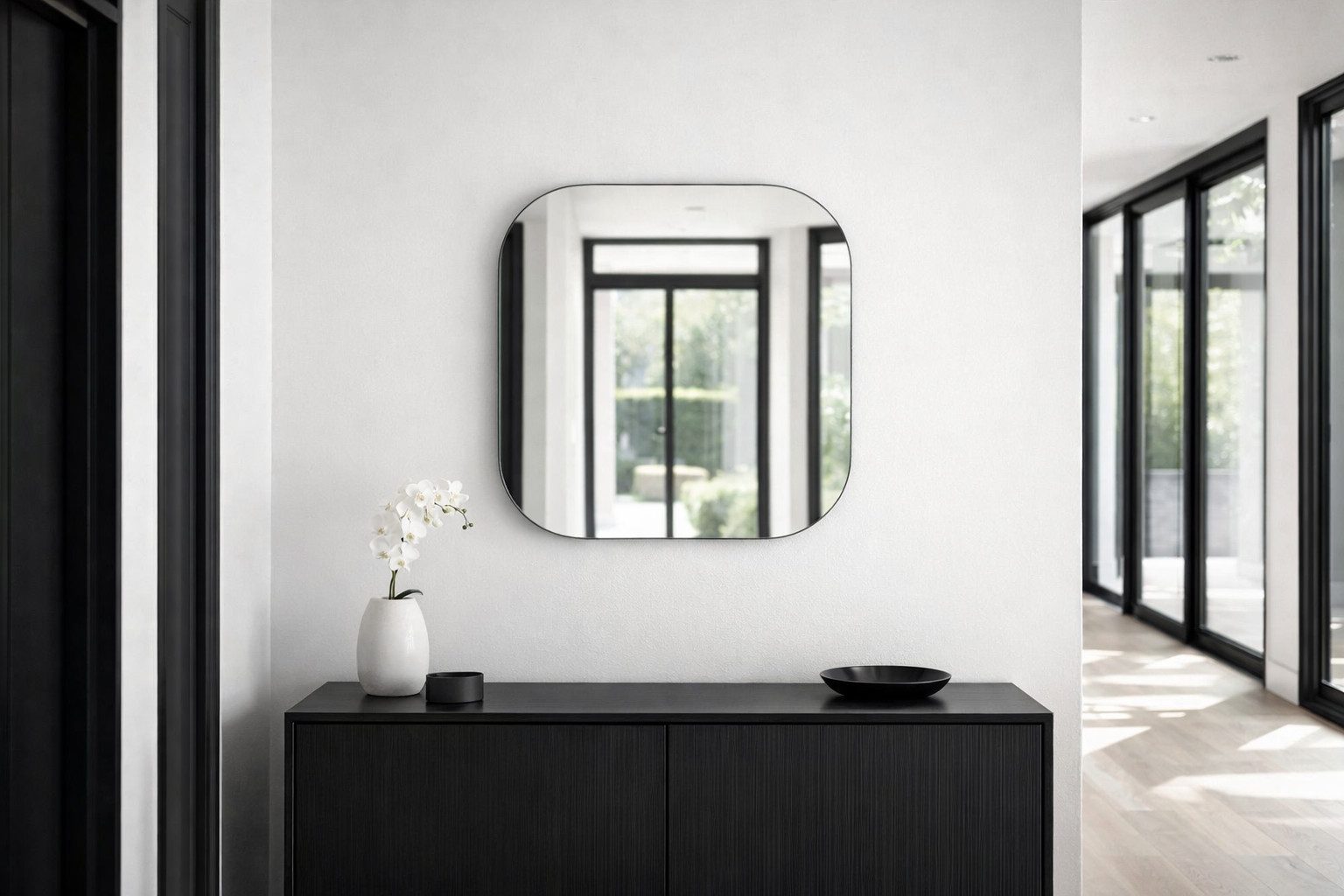 BOURGH Wandspiegel EVORA 50x50cmabgerundeter quadraticher Spiegel - Dekospiegel schwarz, für Wohnzimmer, Schlafzimmer, Flur & Bad
