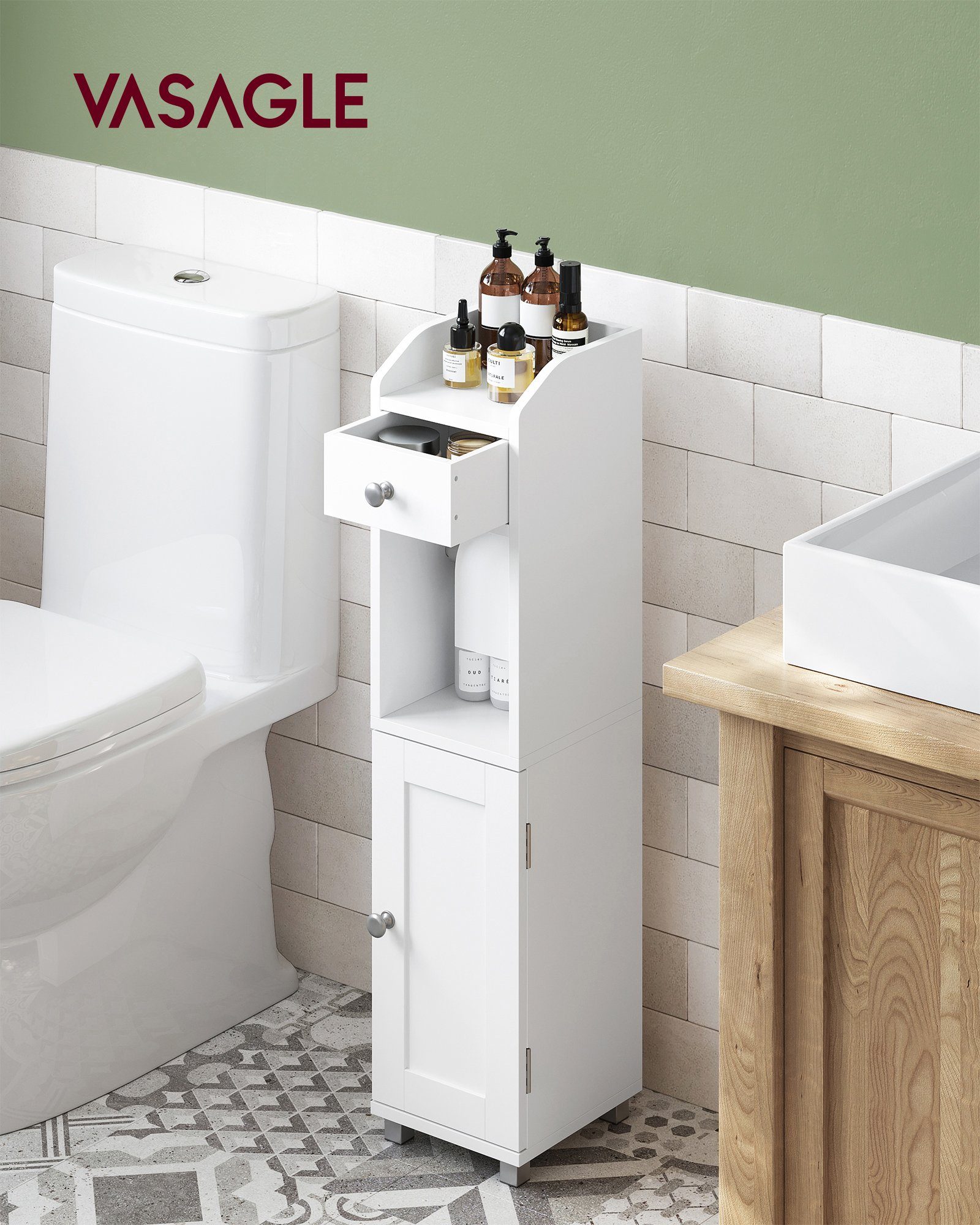 VASAGLE Badkommode Toilettenschrank Badezimmerschrank Badschrank Badregal, mit Verstellbarer Ablage, wasserdichte Füße, für kleine Räume