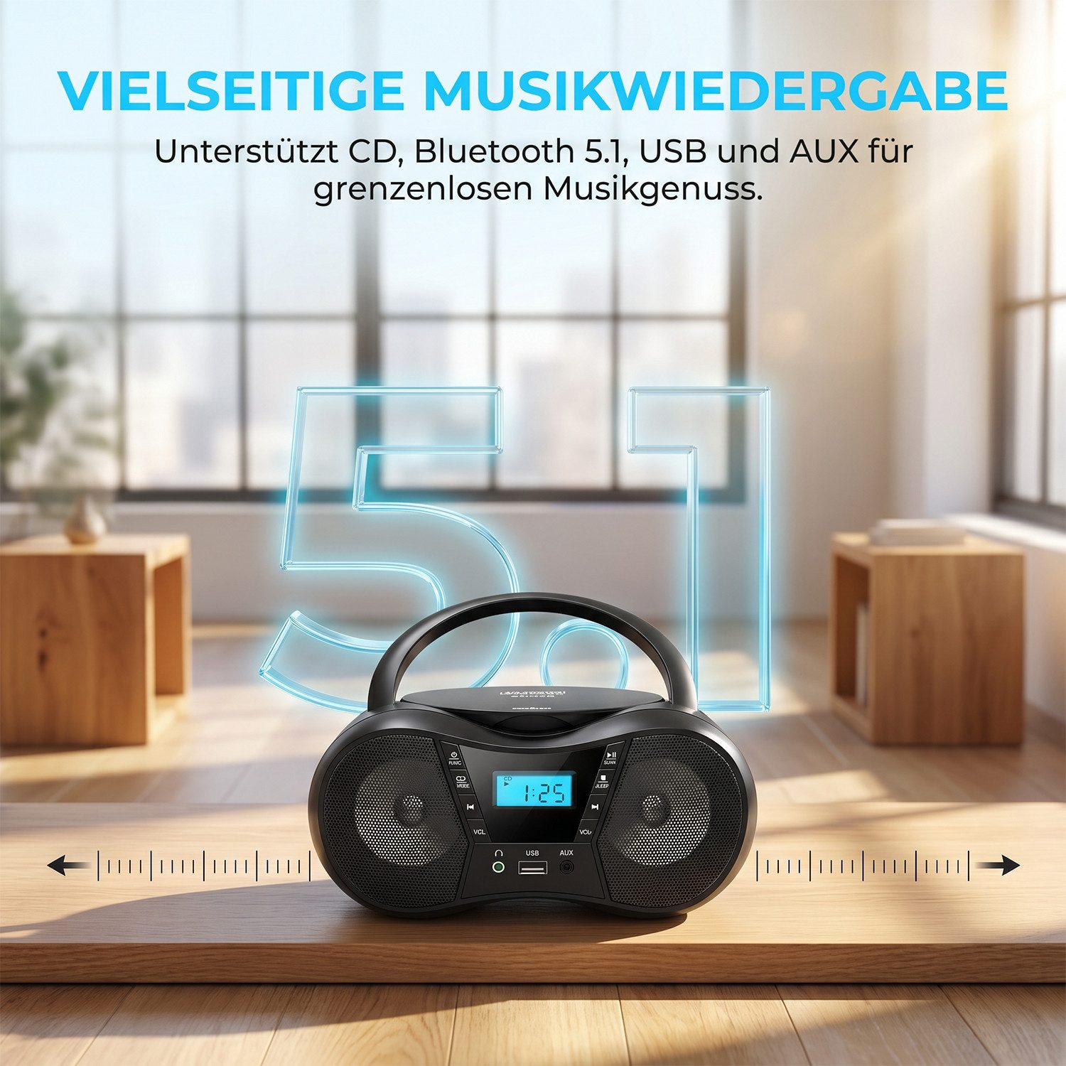 AKKEE tragbarer CD-Player mit UKW Radio, Mit LCD-Display CD-Player (Bluetooth, USB & AUX, CD/FM) – Bild 4 von 5