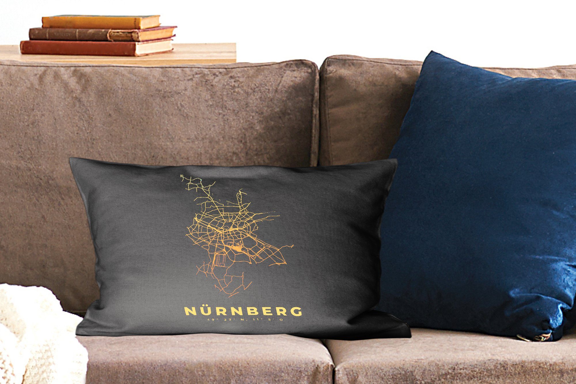 Nürnberg mit Füllung, Zierkissen, Karte Stadtplan MuchoWow Karte, Gold Wohzimmer - Dekoration, Dekokissen - - Schlafzimmer Dekokissen -