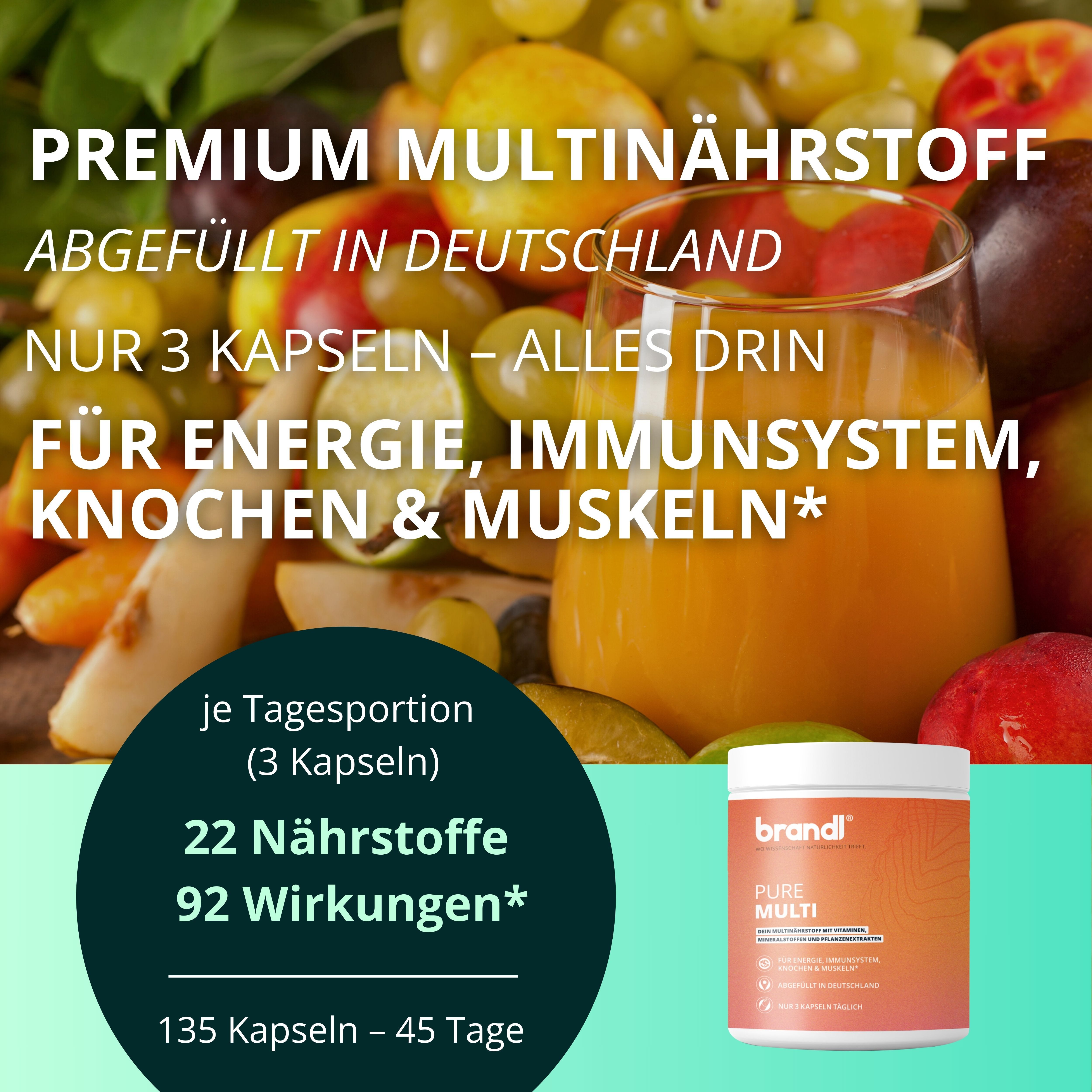 Brandl Nutrition Multivitamin Kapseln hochdosiert - Vitamine, Mineralien & vegan Kapseln, 135 g, Vitamin Supplements - Pure Multivitamin Kapseln - Premium