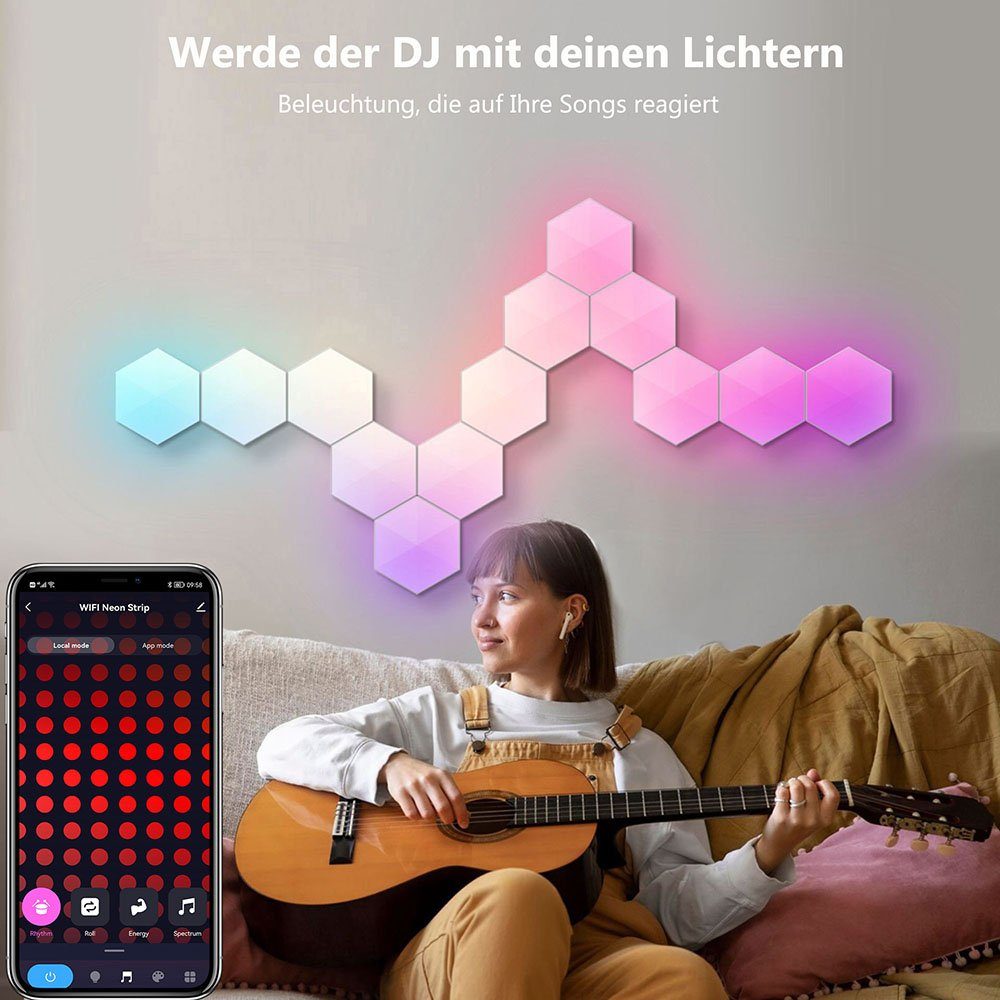 Rosnek LED Nachtlicht Smart, Sechseck, RGB, Musiksyn, für Schlafzimmer Spielzimmer Deko, RGB, App/Fernbedienung