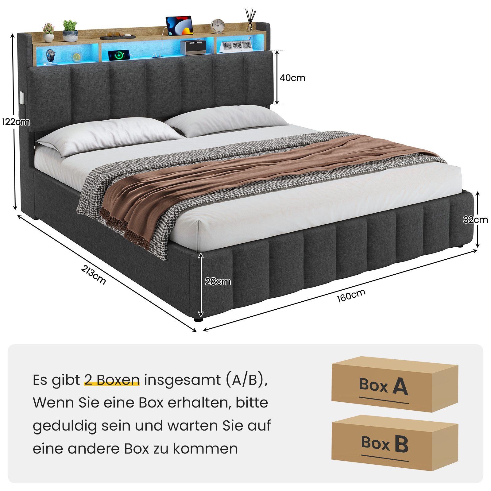 KIMENICH Polsterbett mit LED Beleuchtung und Ladefunktion (1-tlg., Ohne Mat günstig online kaufen