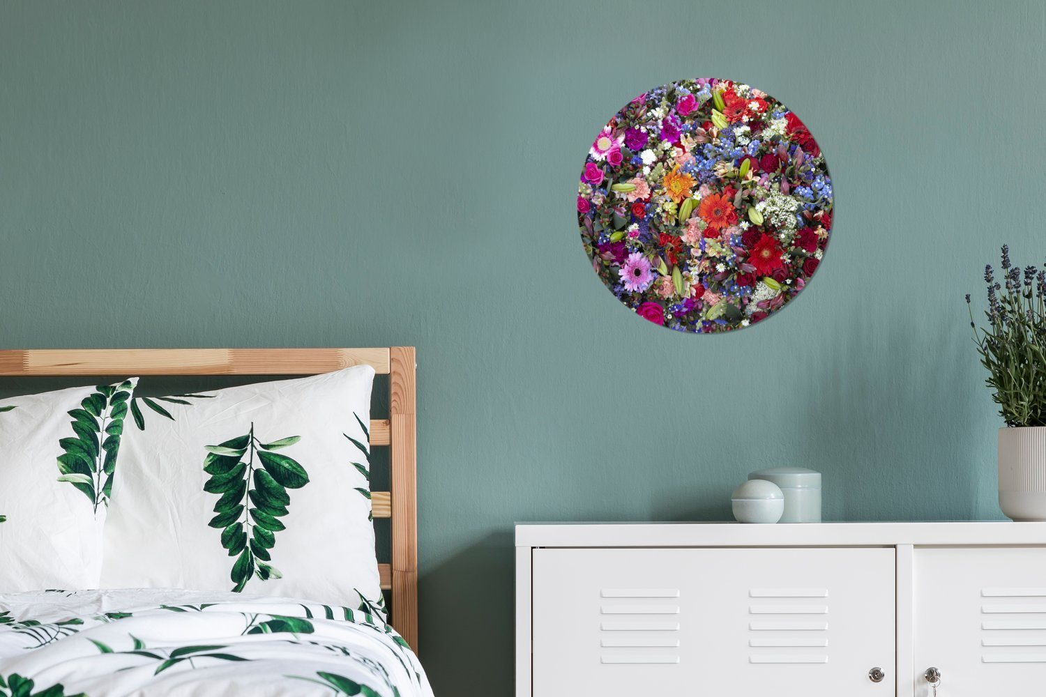 Wohnzimmer, Farben, St), (1 Wandbild, Wanddekoration florales Kreis MuchoWow Gemälde Ein 30x30 Design Forex, cm leuchtenden mit Rundes