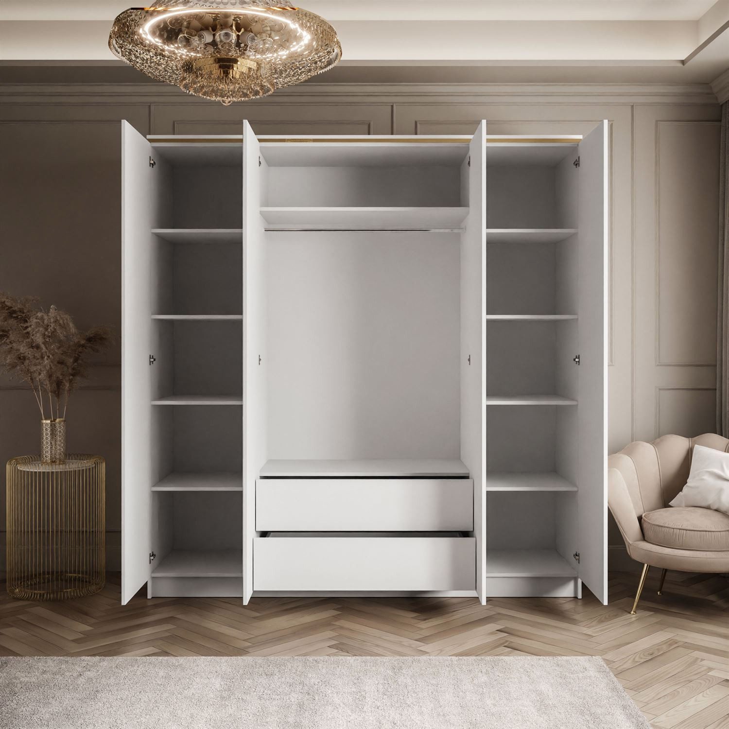 Lookway Kleiderschrank AURORA 4D in Hochglanz Weiß Drehtürenschrank mit Spiegel 200x57x213 cm – Bild 4 von 5