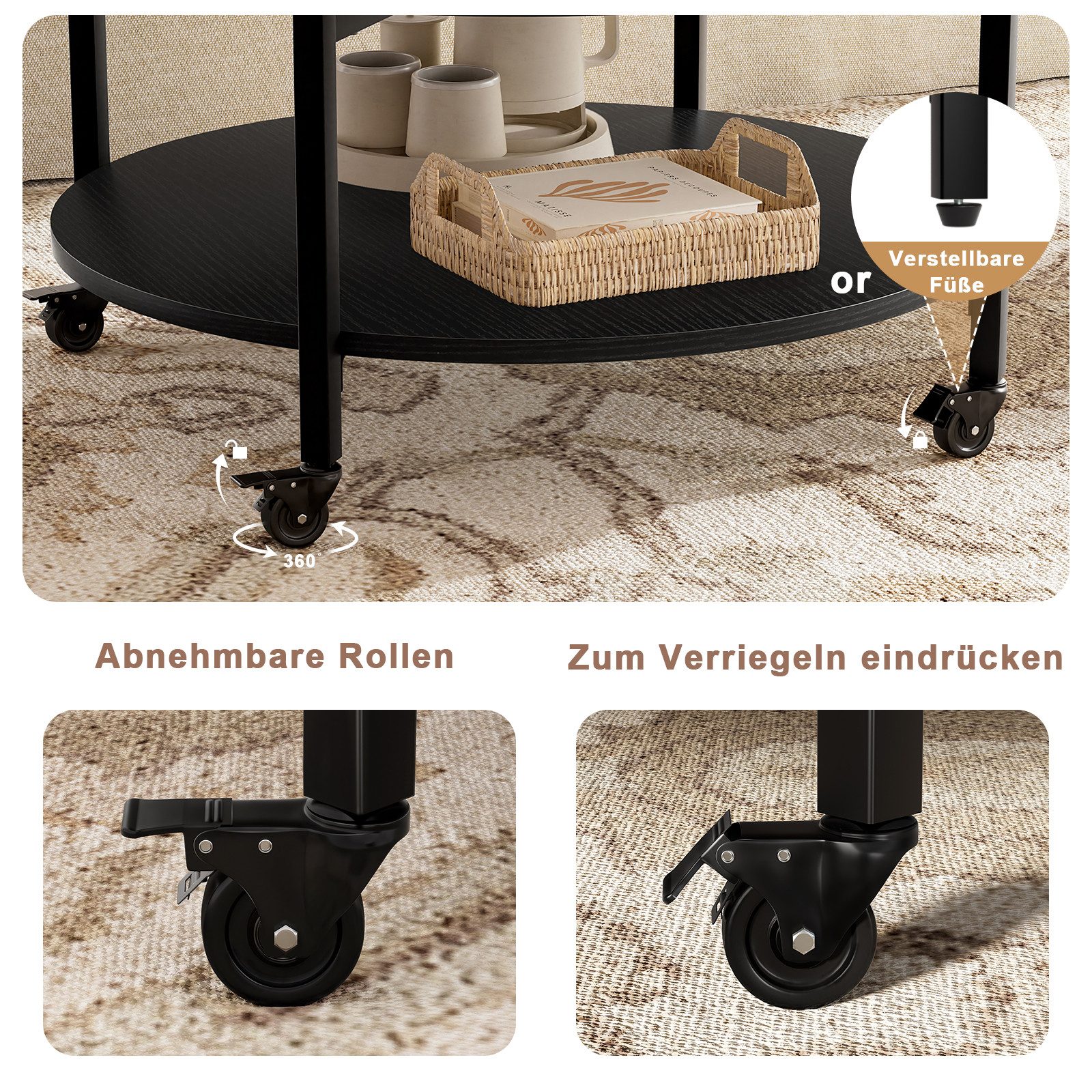 FABATO Couchtisch Runder Couchtisch mit Höhenverstellung, Rädern und Staufach (1-St), ideal für Wohnzimmer, in Schwarz – Bild 5 von 5