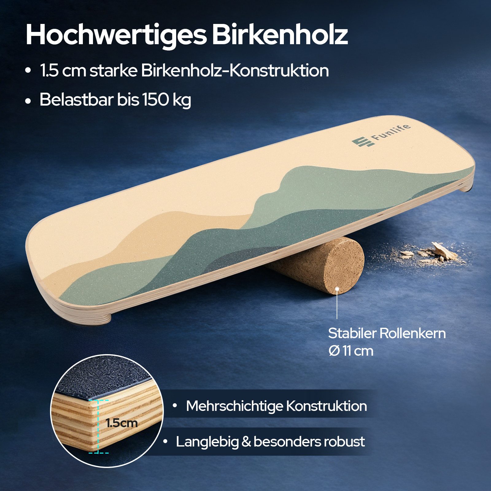 FunLife Balanceboard ALPIN & WAVE Design-Edition, Premium-Birkenholz, mit Naturkorkrolle, bis 150 kg