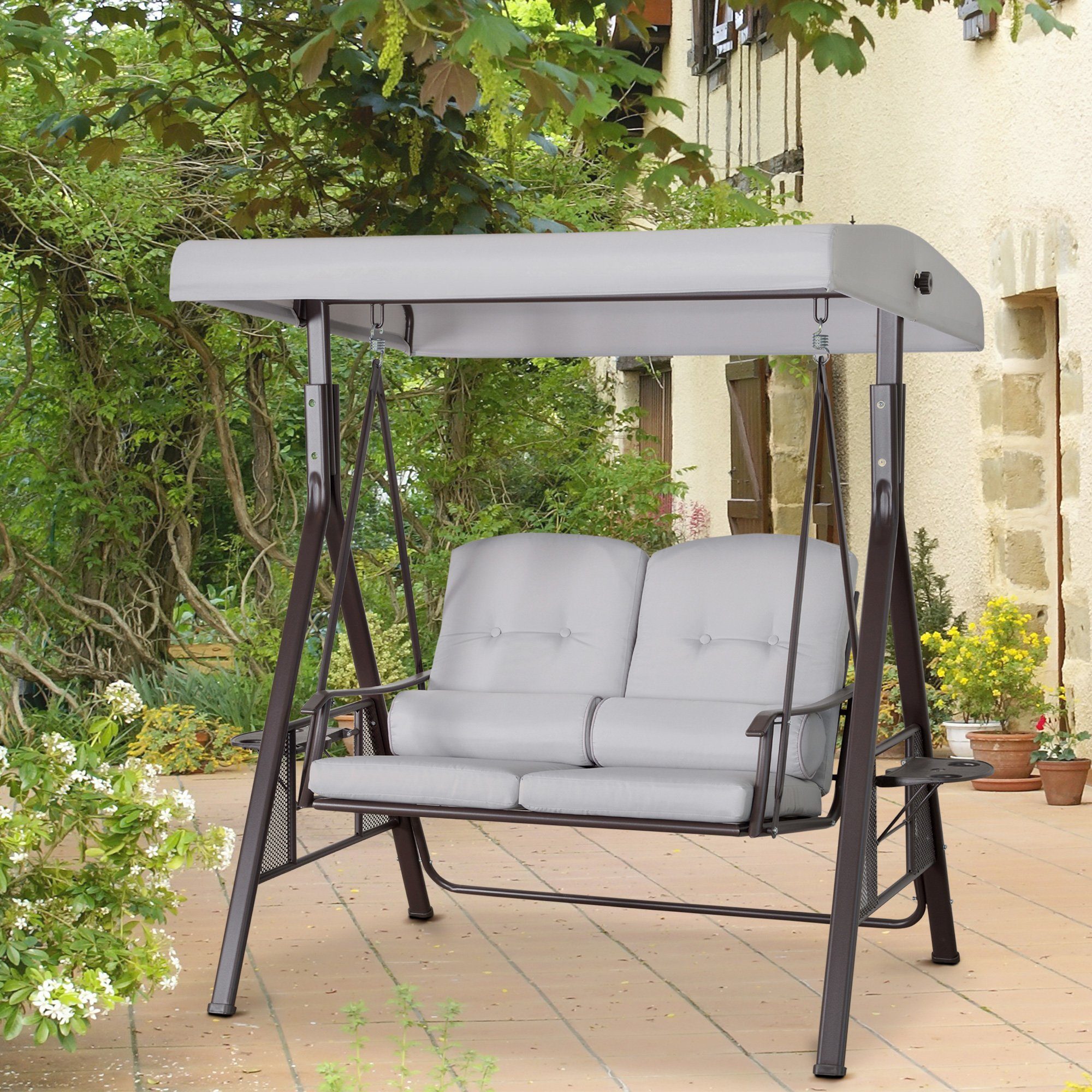 Outsunny Hollywoodschaukel mit Sonnendach, Kissen, 2-Sitzer, günstig online kaufen