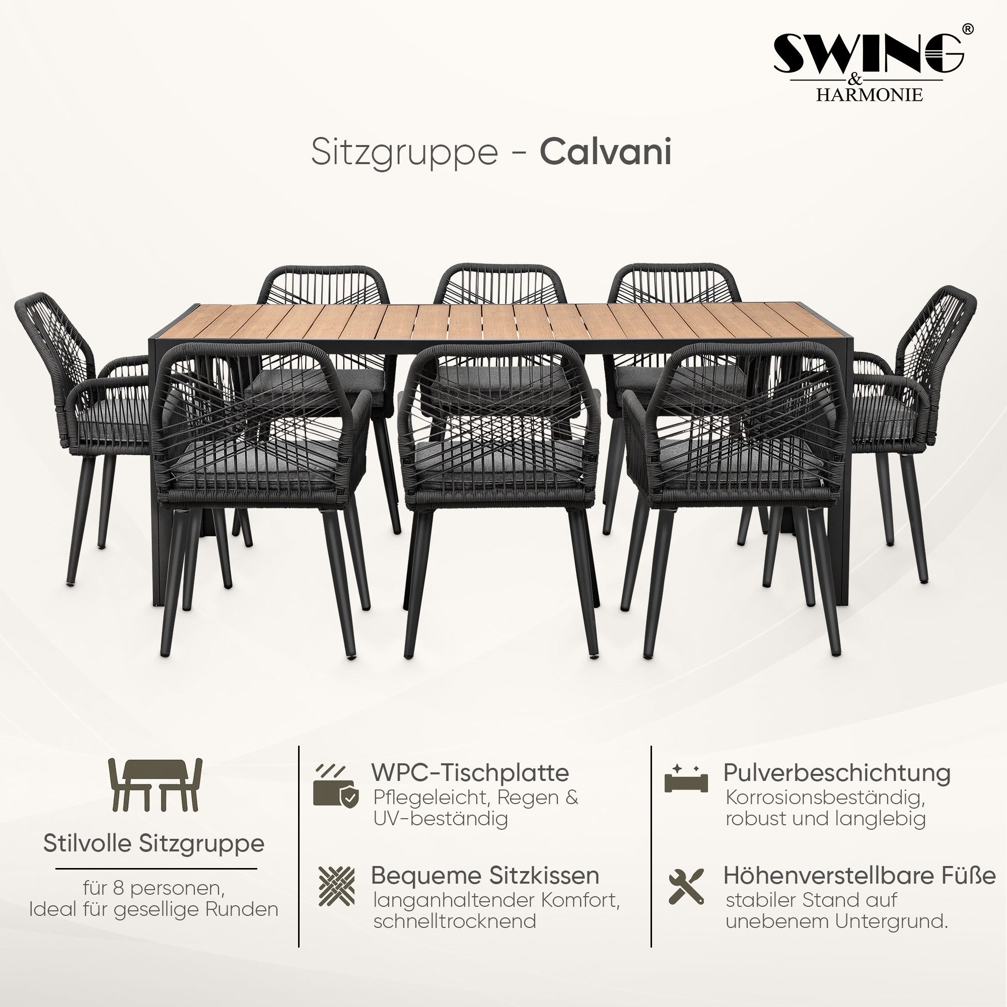Swing&Harmonie Garten-Essgruppe für 6-8 Personen mit Tisch, Seilgeflecht-Stühle Esstisch, (Garten Sitzgruppe, wetterfest, WPC-Tischplatte, inkl. Kissen), Outdoor Terrasse
