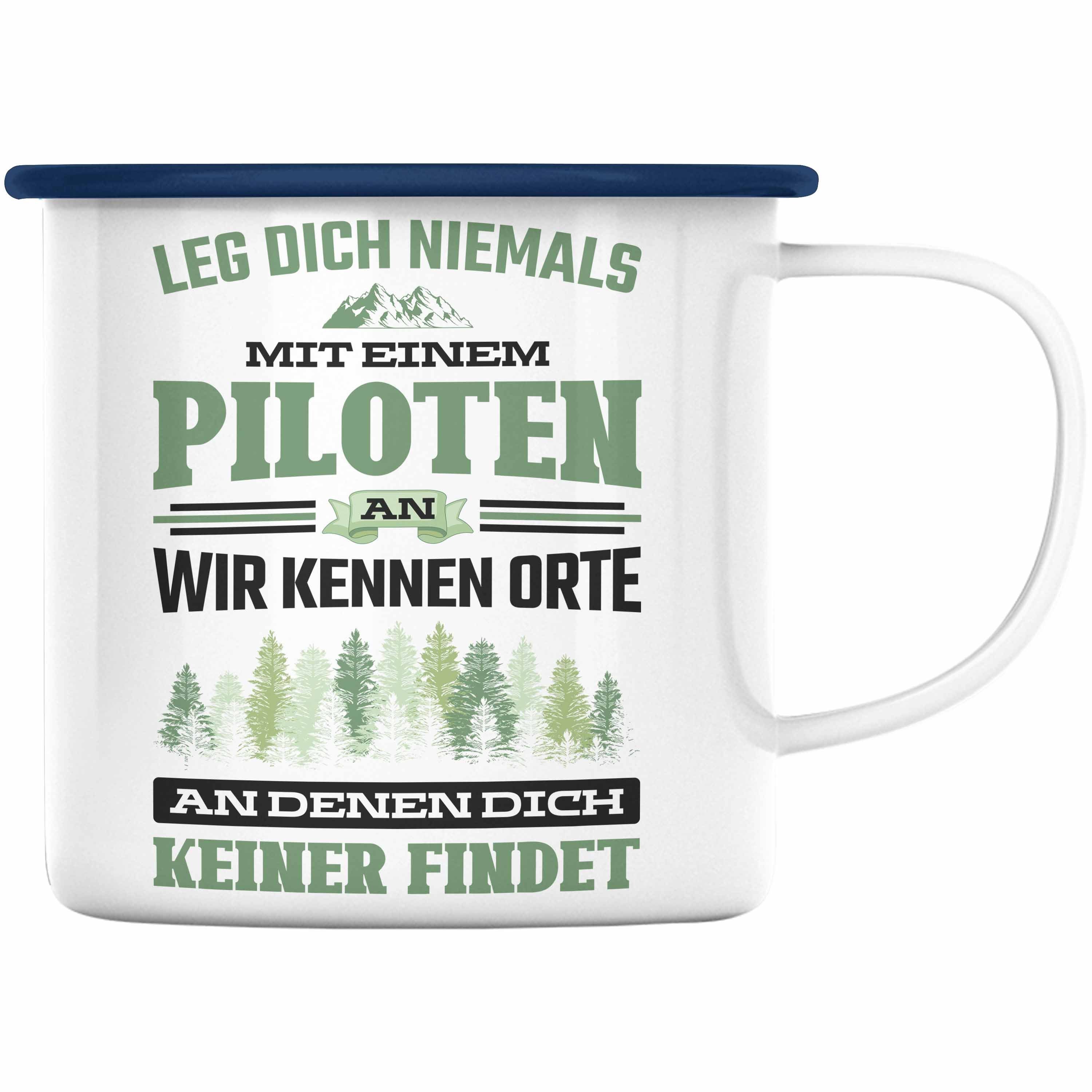 Trendation Thermotasse Trendation - Pilot Geschenk Emaille Tasse Flugzeug Fliegen Geschenkidee Piloten KaffeeEmaille Tasse Blau