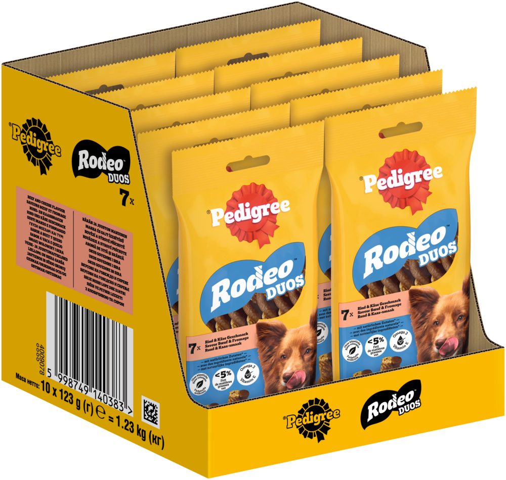Pedigree PEDIGREE® RODEO™ Duos Beutel mit Rind und Käse Geschmack 10 x 7 Stück, Snack für: Hunde