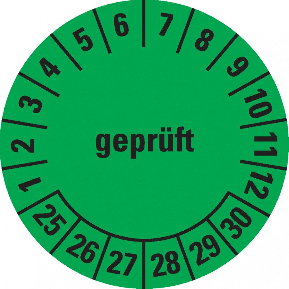 Dreifke Hinweisschild Prüfplakette geprüft 25-30, grün, Folie, ablösbar, Ø 30 mm, 18/Bogen, Aufkleber (Folie)