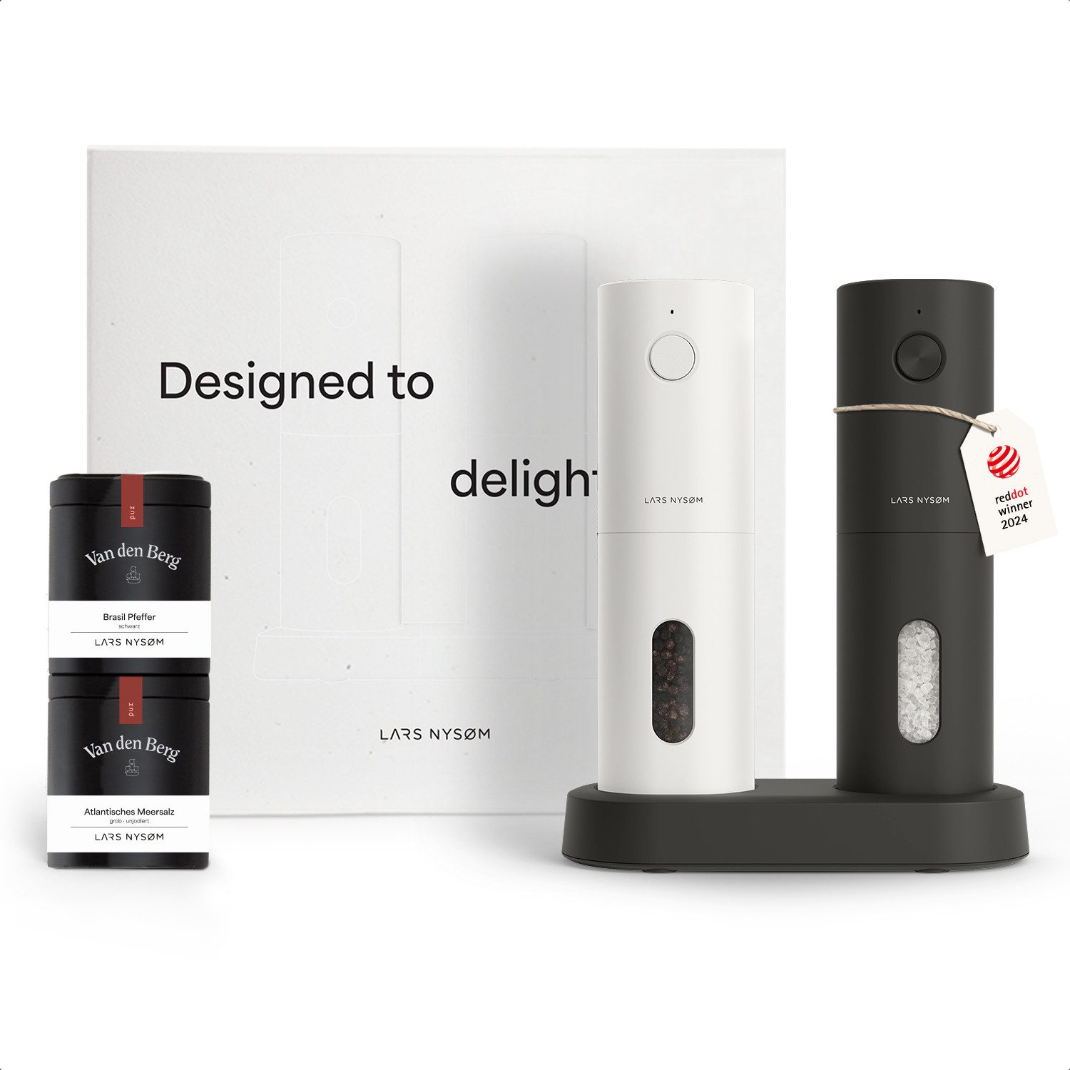 LARS NYSØM Gewürzmühle Spænding praktische Einhandbedienung per Drucktaste, (2 Stück), hochweritges Geschenkset mit elektrischen Gewürzmühlen