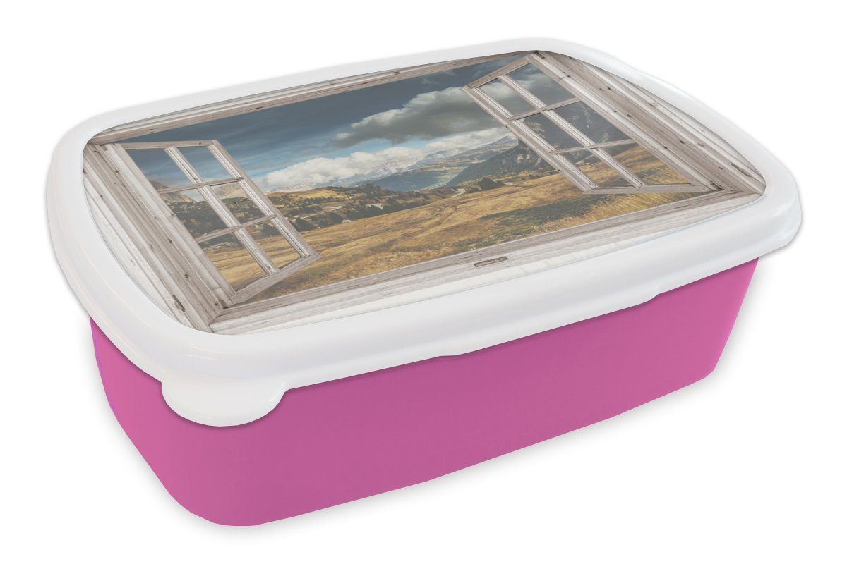 MuchoWow Lunchbox Aussicht - Berg - Gras, Kunststoff, (2-tlg), Brotbox für Erwachsene, Brotdose Kinder, Snackbox, Mädchen, Kunststoff rosa