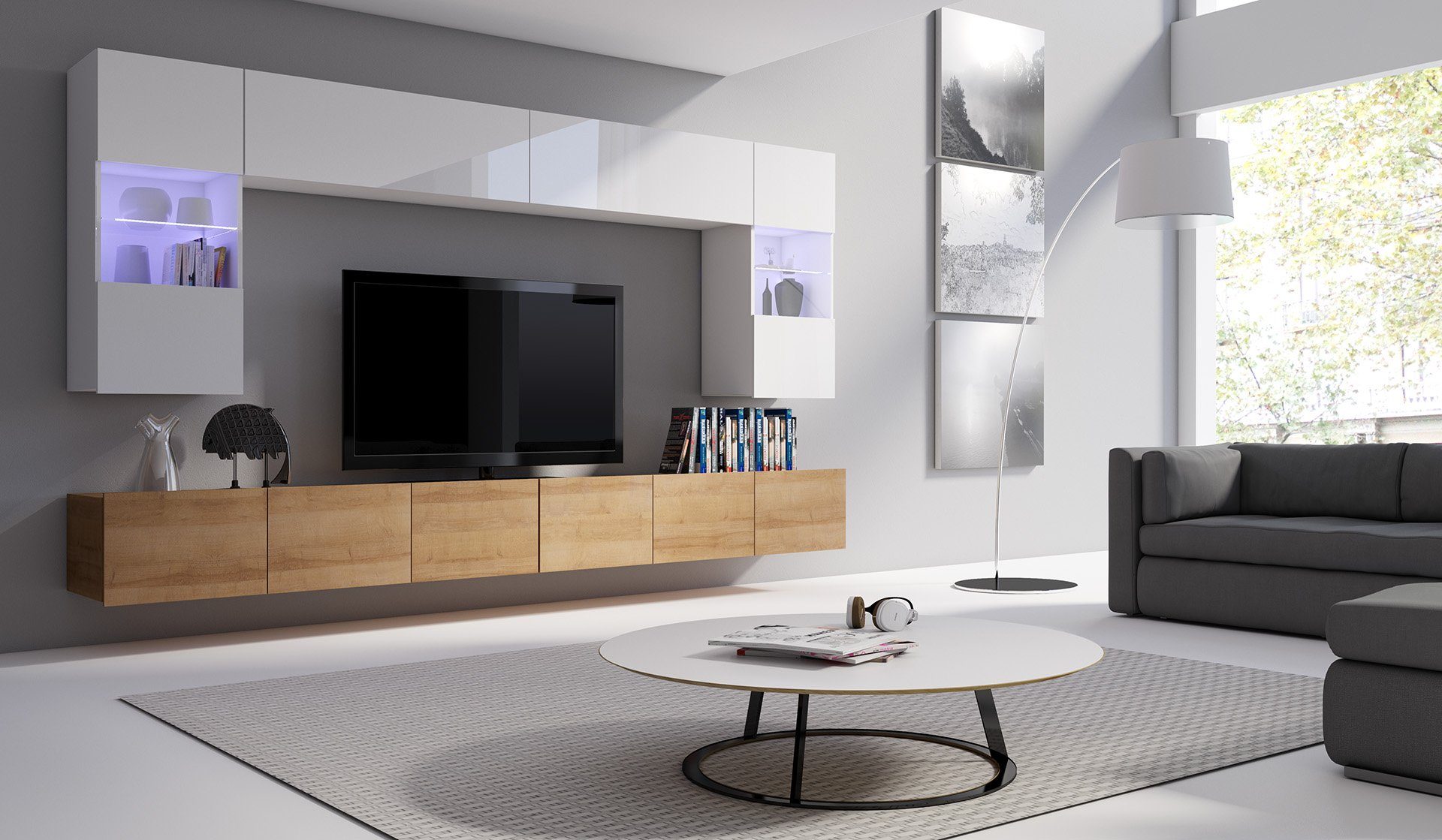 Stylefy Wohnwand Bietula, (Set (6-St), Wohnzimmer-Set), 6-teilig, wahlweise mit LED-Beleuchtung, Modern Design, variabel hängbar Wotan Eiche - Weiß Hochglanz