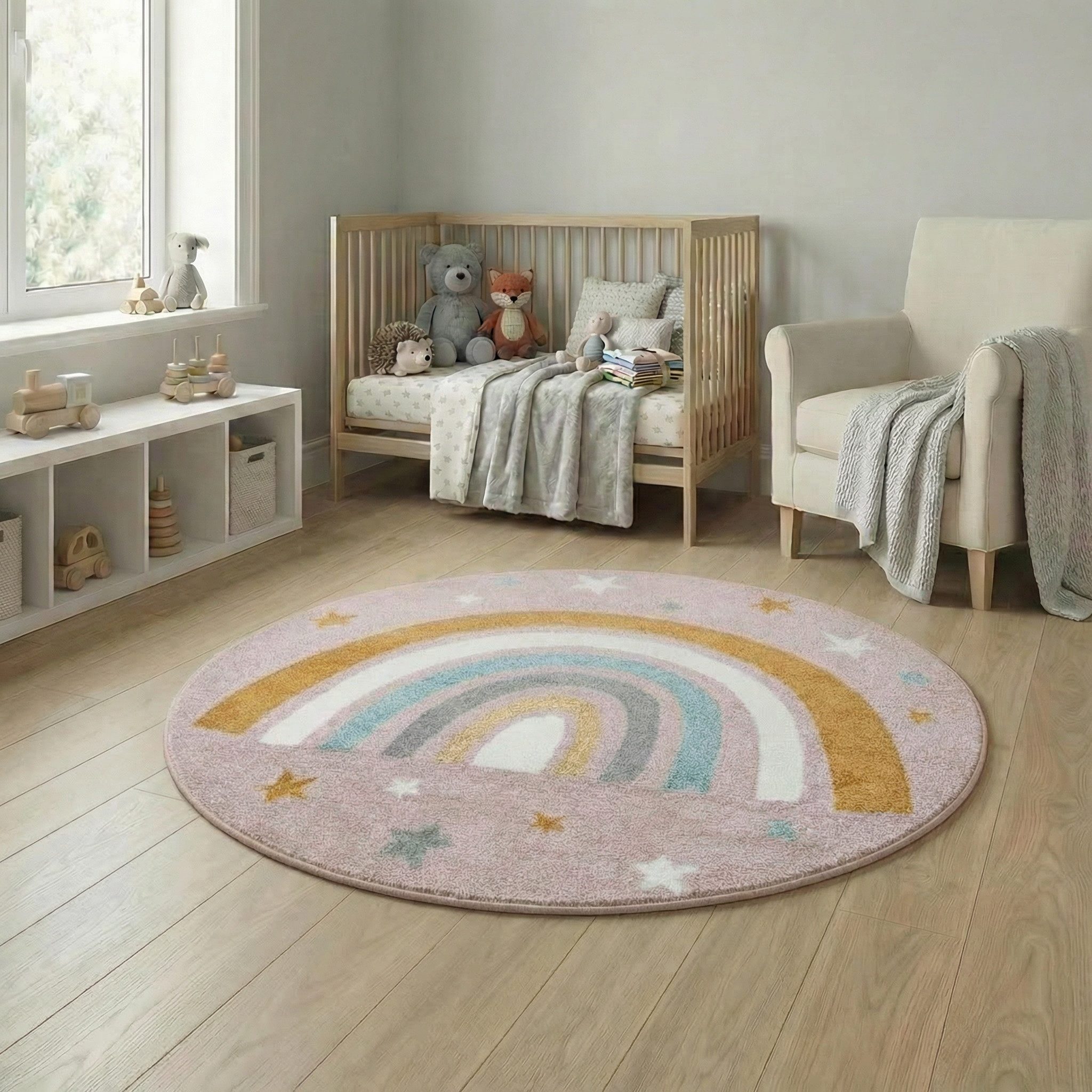 Jimri Kinderteppich DOT´S Teppiche für Kinderzimmer, Kinderzimmerteppich, Teppich, Rund, Regenbogen