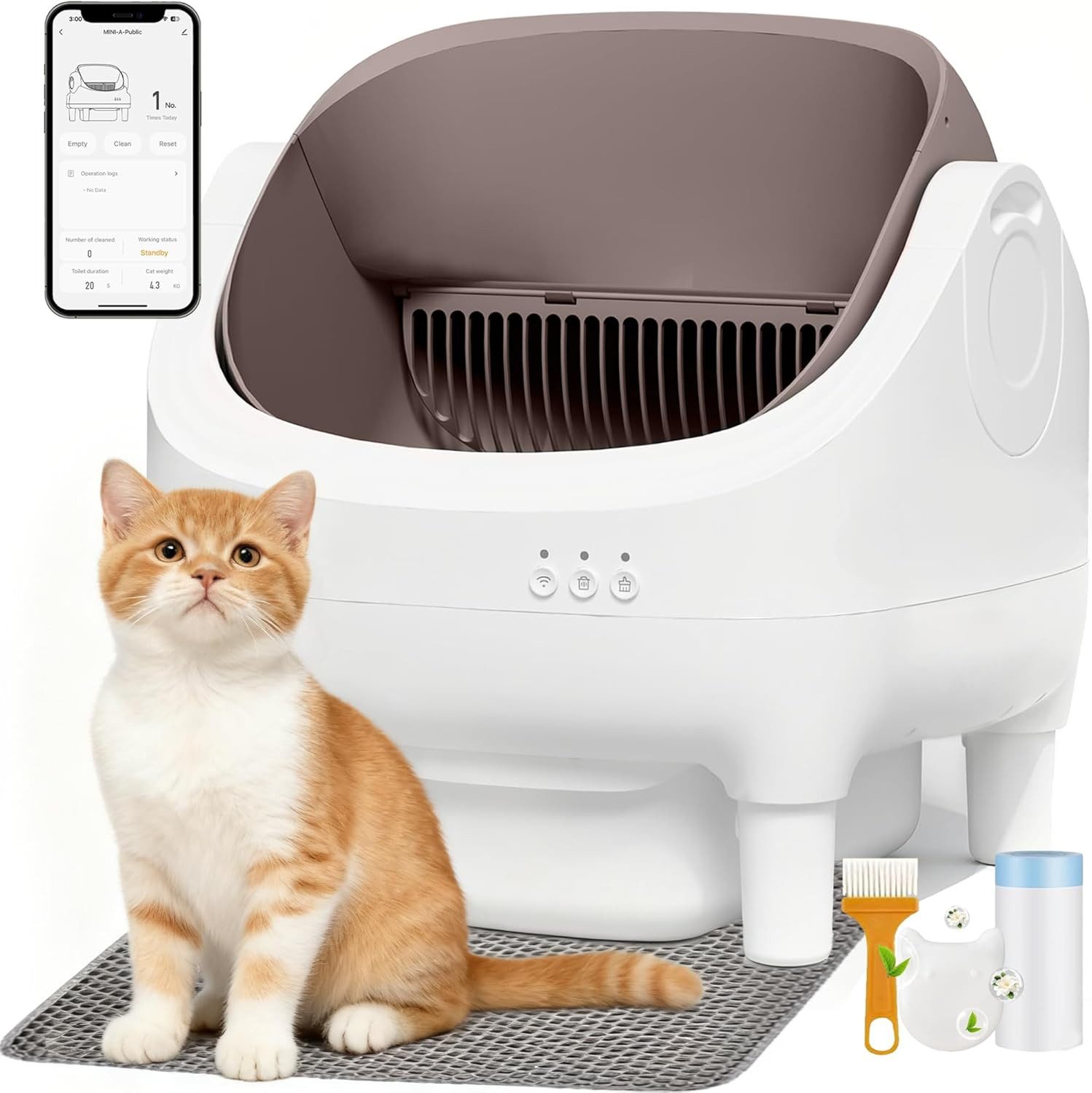 Rebonique Katzentoilette XXL Selbstreinigendes Katzenklo 10,5L mit App & Offenem Design, Inklusive Aromabox, Matte, Katzenstreubeutel und Bürste.2,4-GHz-WLAN.