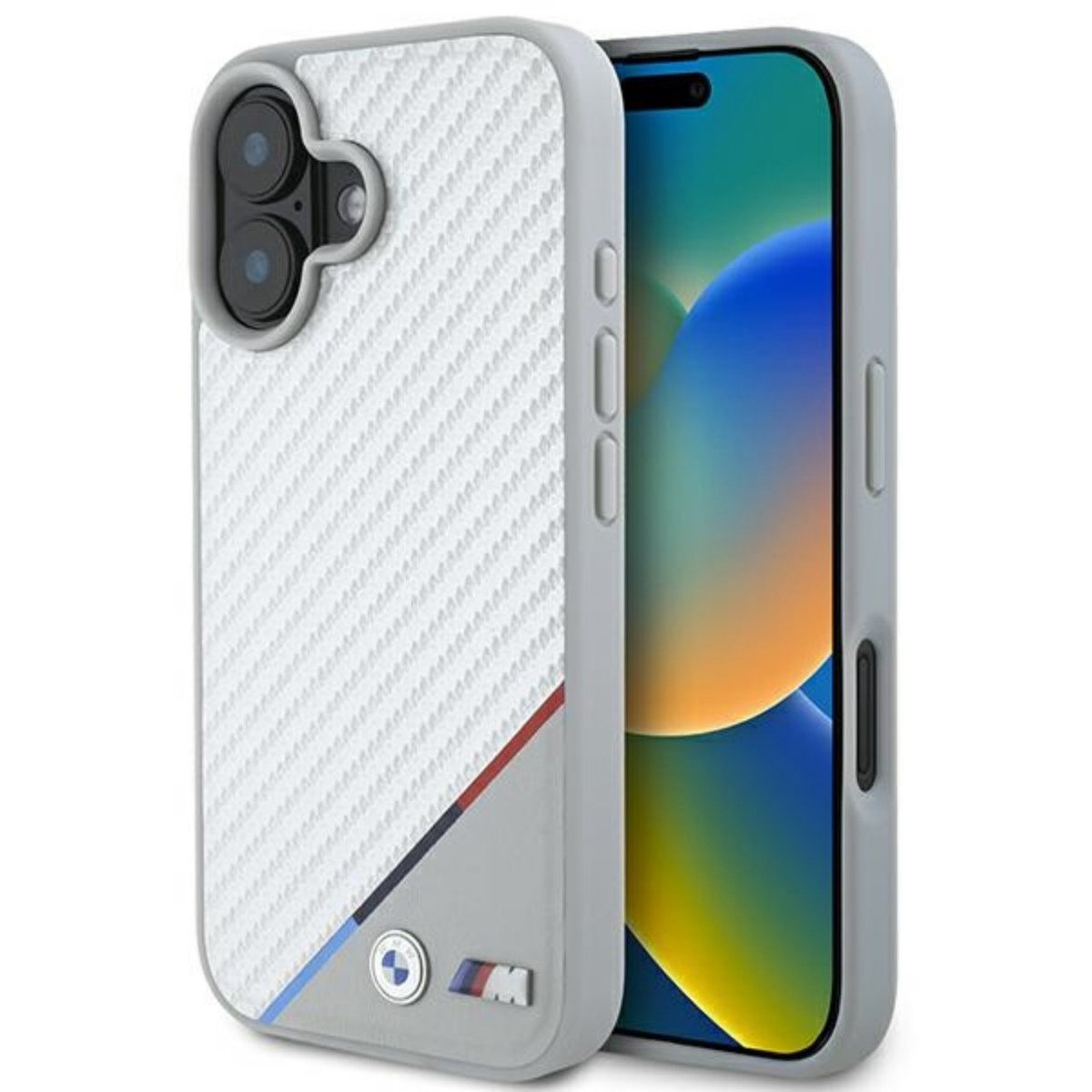 BMW Handyhülle Carbon Tricolor mit Magnetfunktion Kompatibel mit iPhone 16 Grau 6,1, Carbonhülle mit Tricolor Linie integrierter Magnetfunktion Rand!