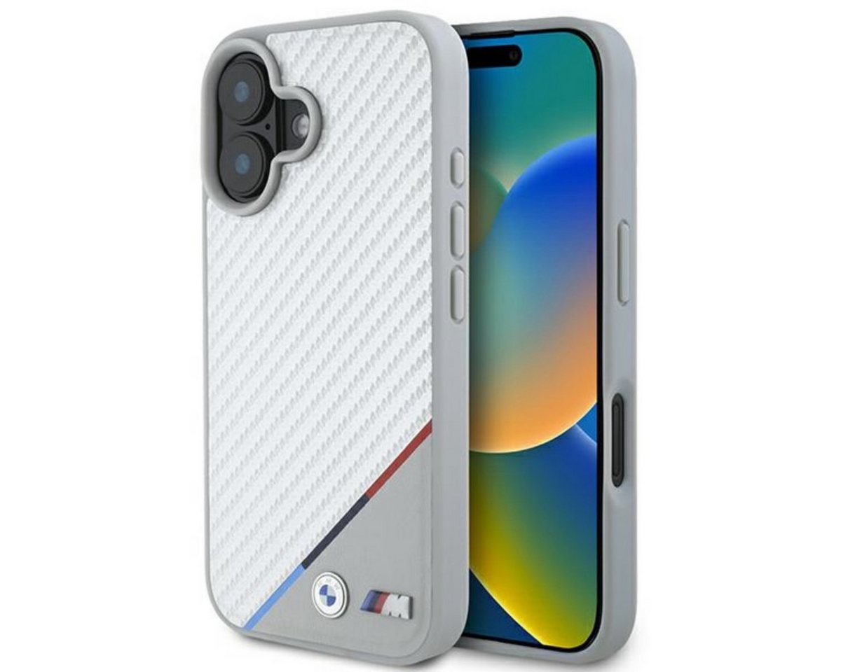 BMW Handyhülle Carbon Tricolor mit Magnetfunktion Kompatibel mit iPhone 16 Grau 6,1, Carbonhülle mit Tricolor Linie integrierter Magnetfunktion Rand!