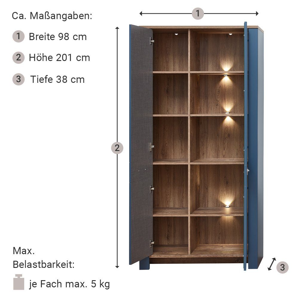 4-tlg), (4-St., mit Wohnwand DEVON-36, Fernsehschrank,Vitrinenschrank, blau Landhaus Eiche, Lomadox Beleuchtung