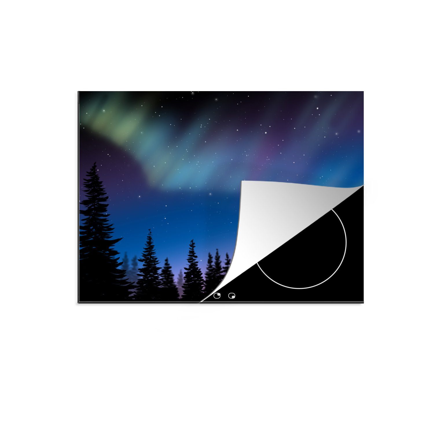 MuchoWow Herdblende-/Abdeckplatte Eine Illustration eines farbenfrohen Nordlichts, Vinyl, (1 tlg), 70x52 cm, Mobile Arbeitsfläche nutzbar, Ceranfeldabdeckung