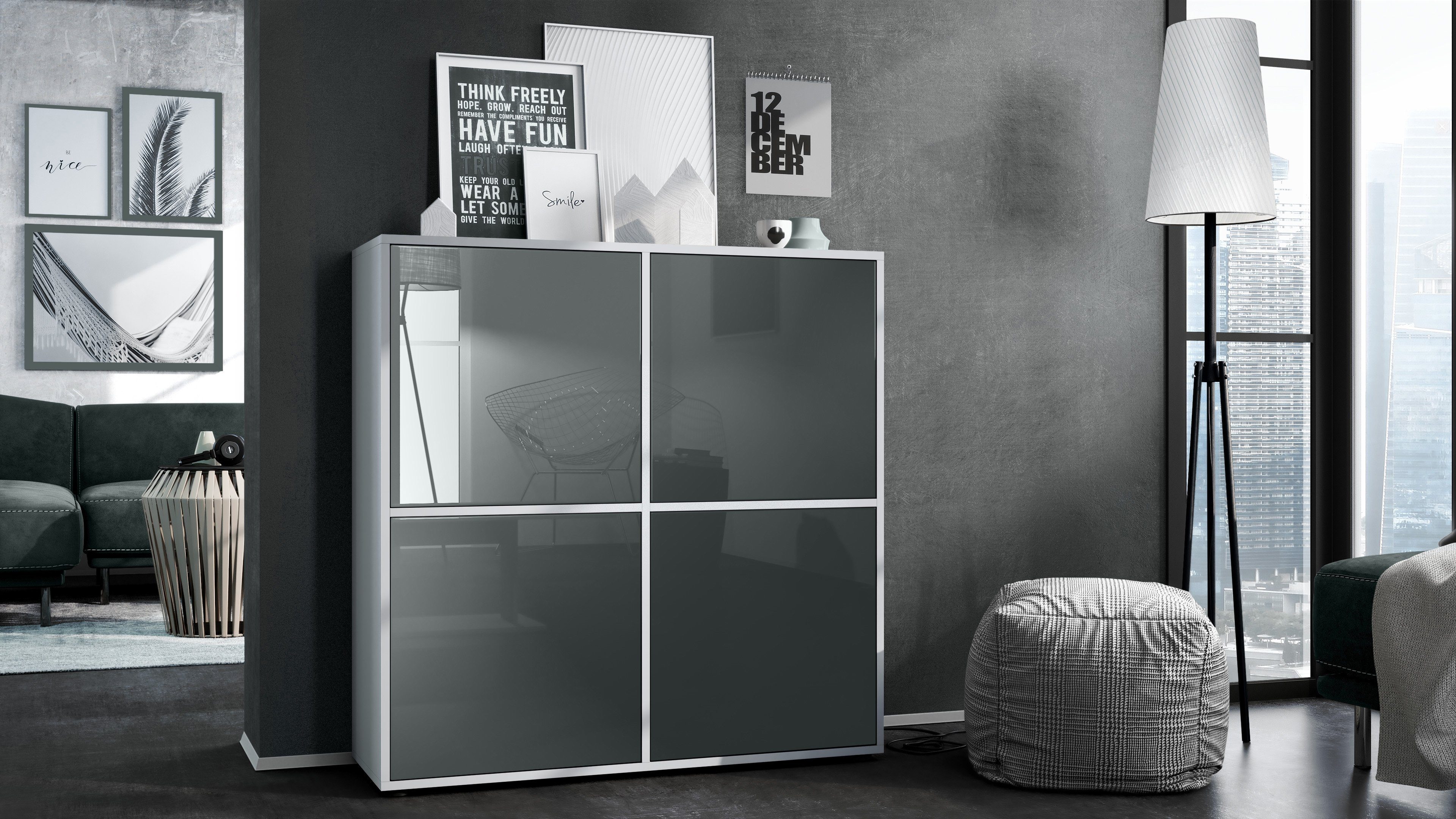 Vladon Highboard Cuba V2 (Schrank, 104 x 105,5 x 35,5 cm Sideboard mit 8 Fächern), Korpus in Weiß matt / Fronten in Grau Hochglanz