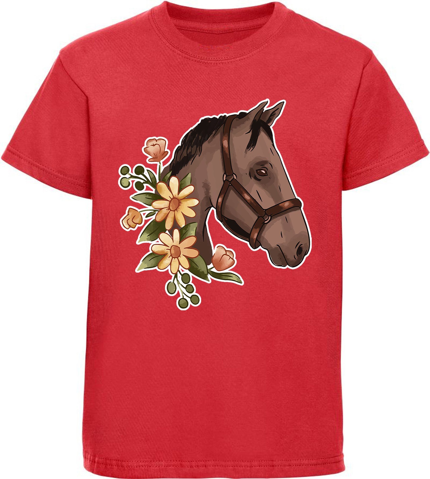 MyDesign24 Print-Shirt Pferdekopf mit Blumen i180 rot Baumwollshirt Dunkelbrauner mit Mädchen T-Shirt - bedrucktes Aufdruck