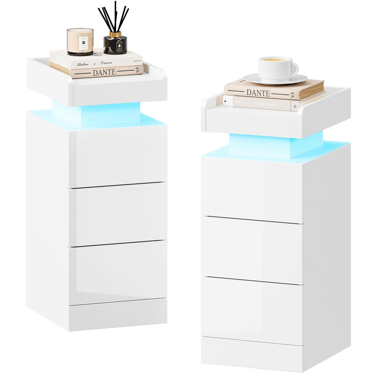 Dripex Nachttisch Nachttisch schmal 3 Schubladen, RGB LED, Beistelltisch Schwarz (2-St), Aus hochwertigen Spanplatten und MDF-Platten gefertigt