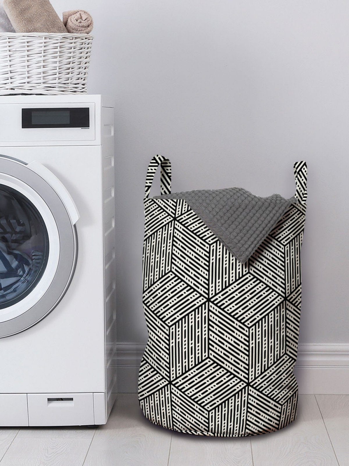 Kordelzugverschluss Wäschesäckchen Griffen Formen mit Wäschekorb Abakuhaus für Abstrakte Waschsalons, Kubische Kunst Geometrisch