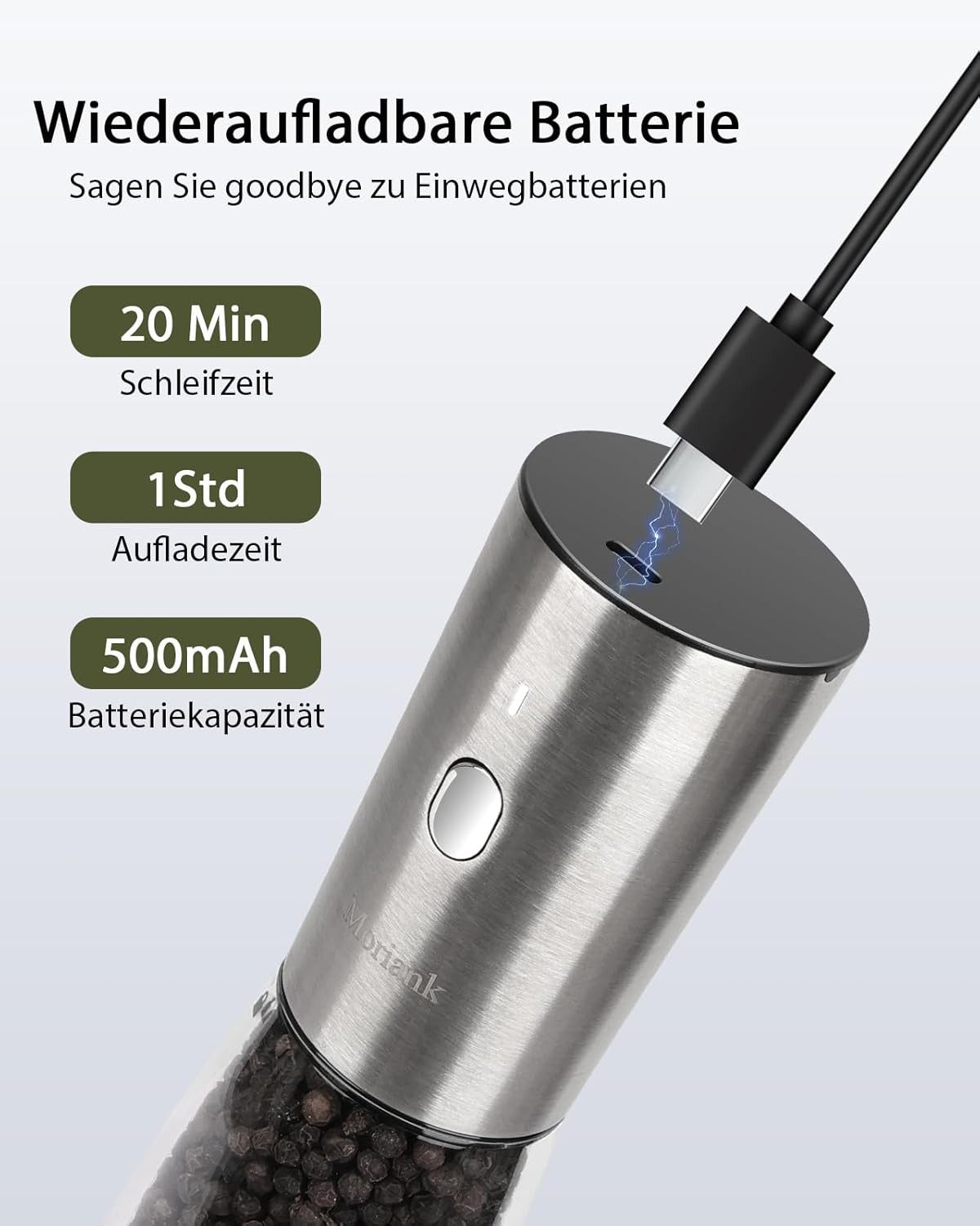 Moriank Salz-/Pfeffermühle Salz und Pfeffermühlen 2er Set Elektrisch Edelstahl wiederaufladbar Automatisch / Elektrisch, LED Beleuchtung, USB wiederaufladbar, 1 – Bild 3 von 5