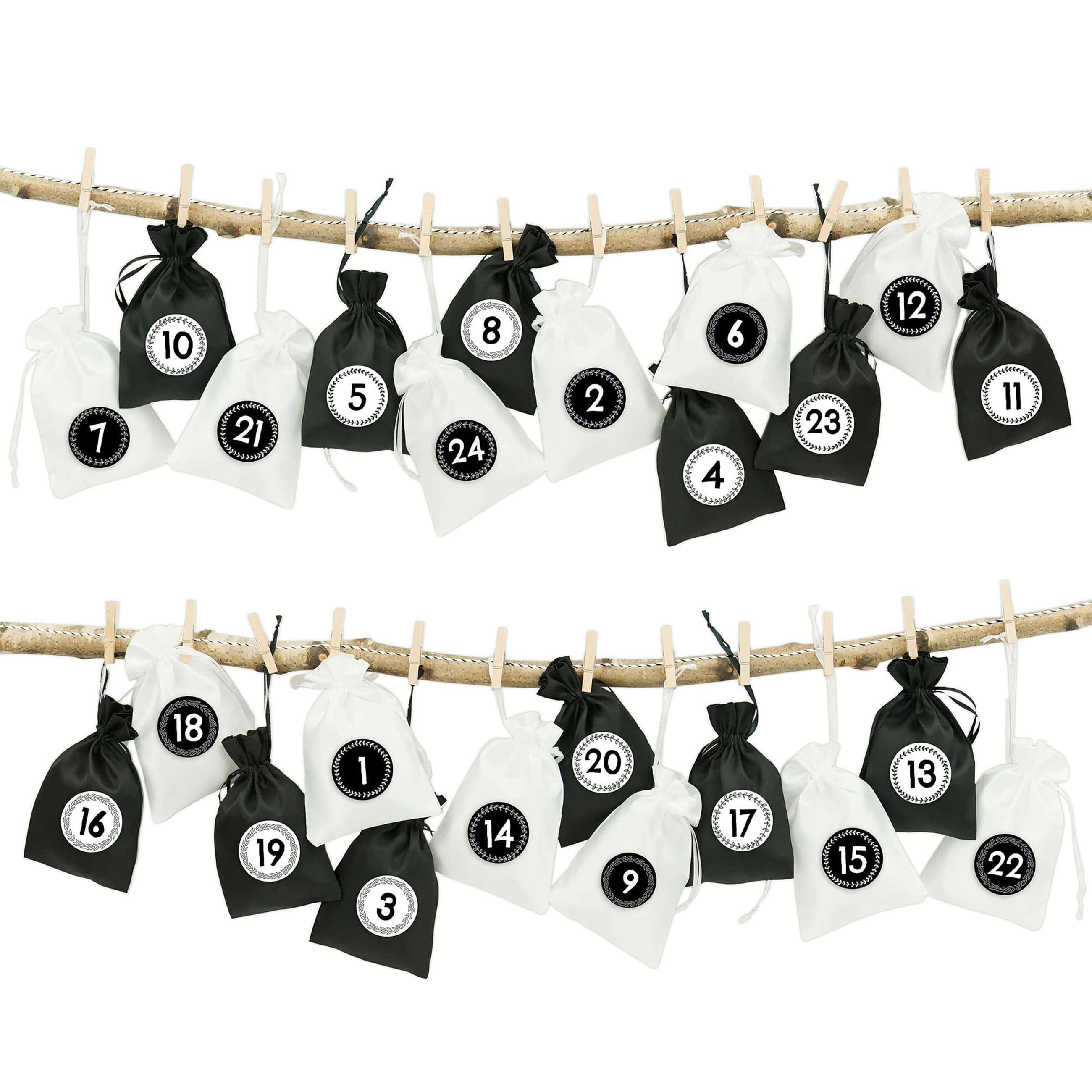 PAPIERDRACHEN befüllbarer Adventskalender Papierdrachen 24 Adventskalender Stoffsäckchen zum Befüllen, inkl. Bäckergarn, Holzklammern und 24 Zahlenaufklebern