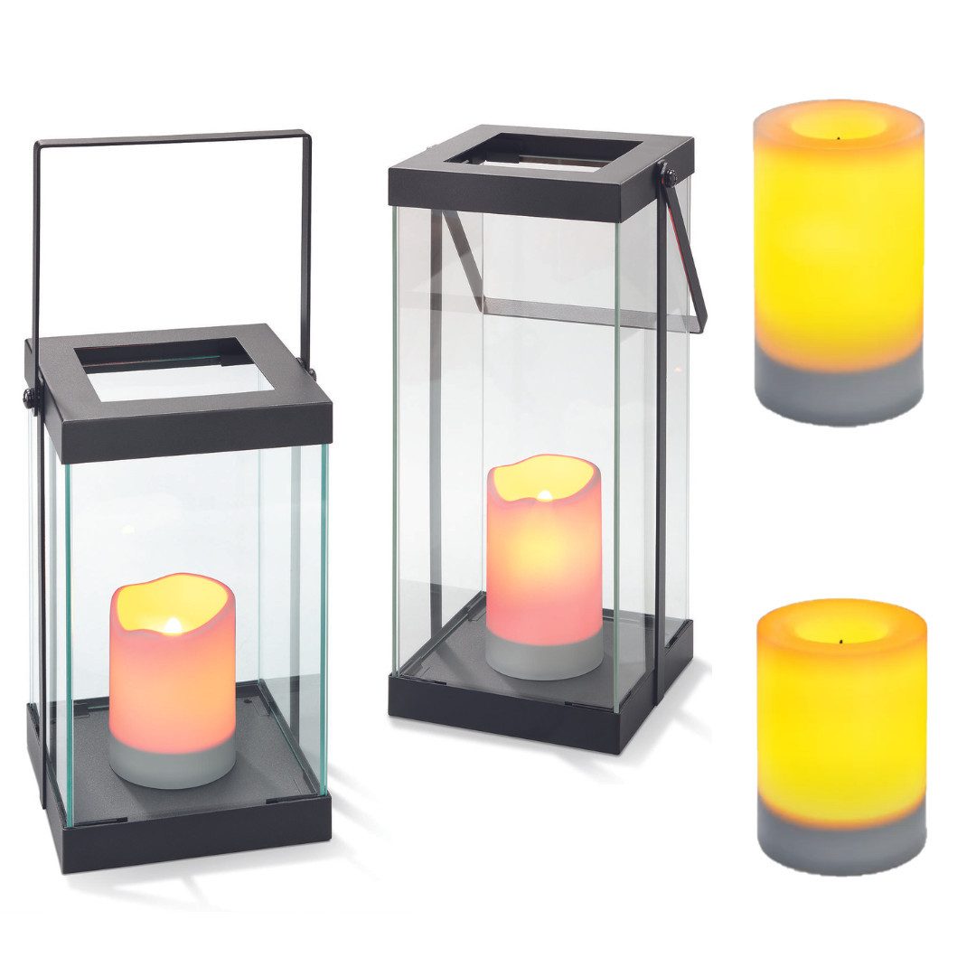 technik@all LED Laterne LED-Glaslaternen 2er Set – Kombipack für Solar- oder Batteriebetrieb, LED, Gelb, Solar- oder Batteriebetrieb inkl. Wechselkerzen