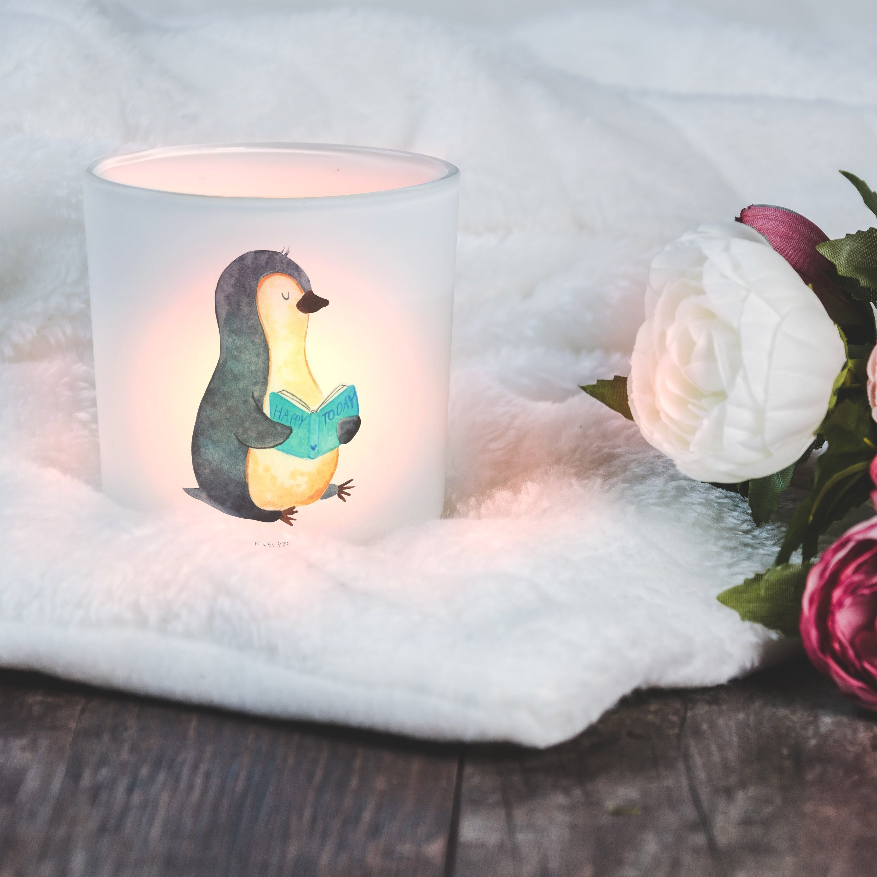 Mr. & Mrs. Panda Windlicht Pinguin Buch - Transparent - Geschenk, nichtstun, Kerzenglas, Teelich (1 St)