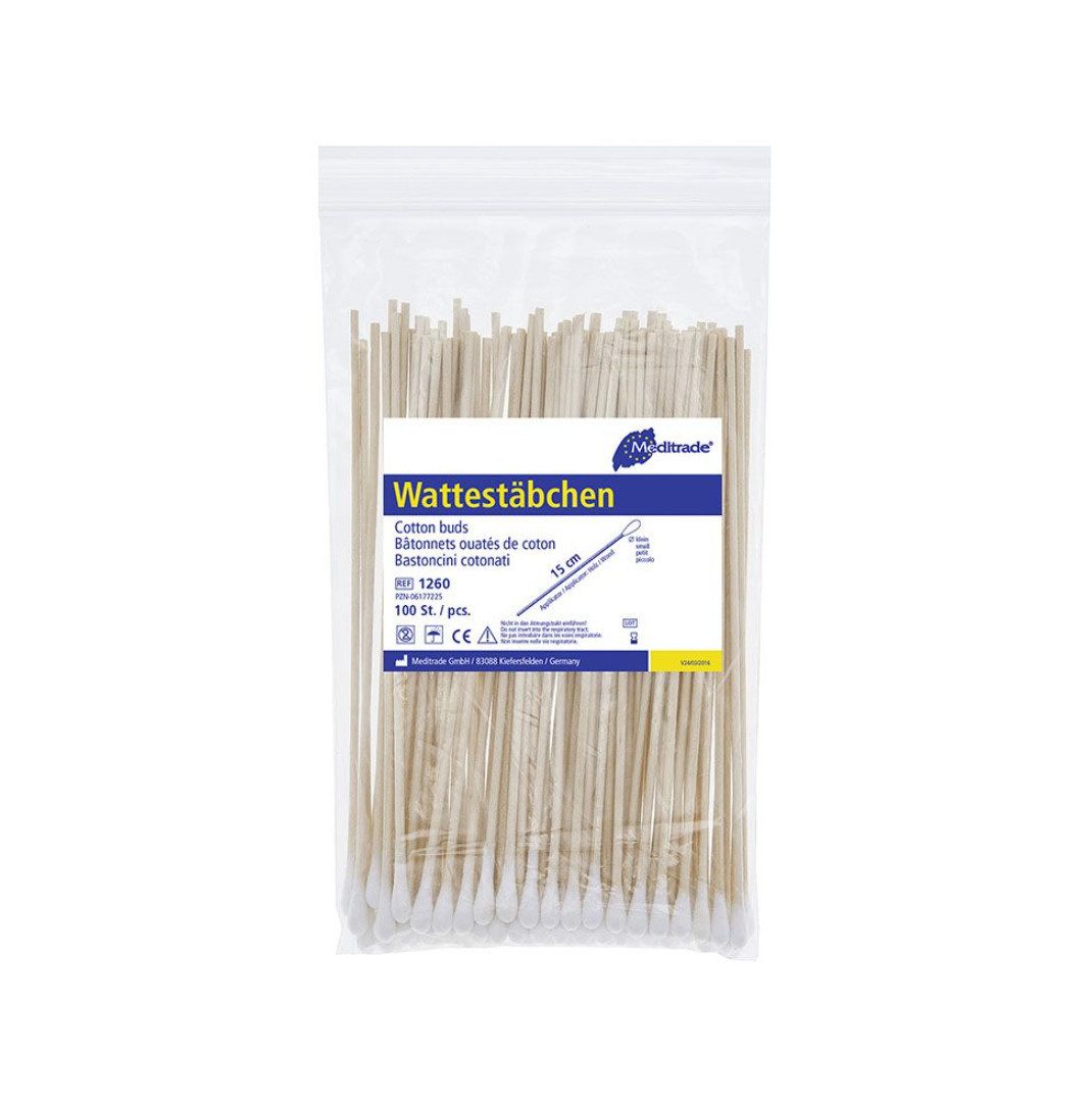 DocMed Wattestäbchen Wattestäbchen Holz, 15 cm lang, kleiner Wattekopf, ca. 12 x 5 mm, Einweg Wattestäbchen, 100-St., Weicher Baumwollkopf, Komfortable Länge