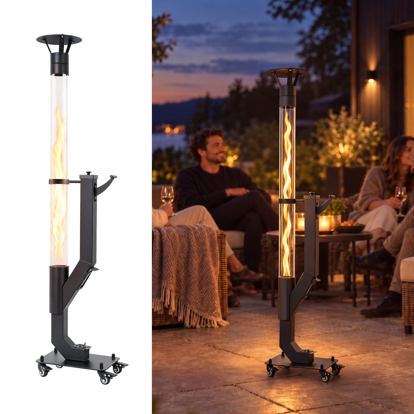 ZMH Terrassenstrahler Innenhof, mit brennbaren Partikeln, Glasröhrchen und Staubschutzhauben, 6 mm Körner 2 kg mit Rollen, leicht zu bewegen geeignet für den Garten