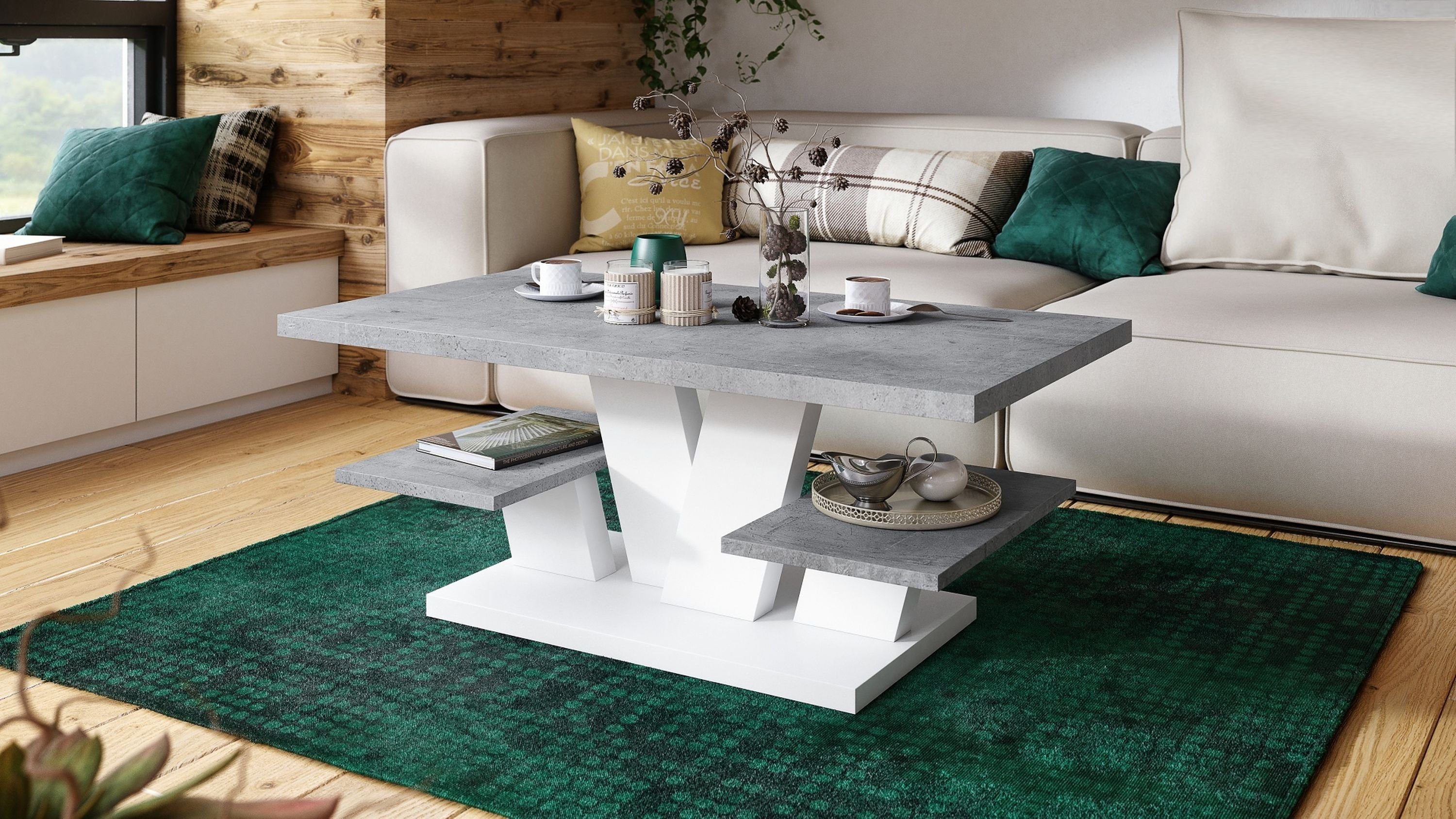 designimpex Couchtisch Design Viva Tisch Wohnzimmertisch 110x60x45 cm mit Ablagefläche Beton / Weiß matt