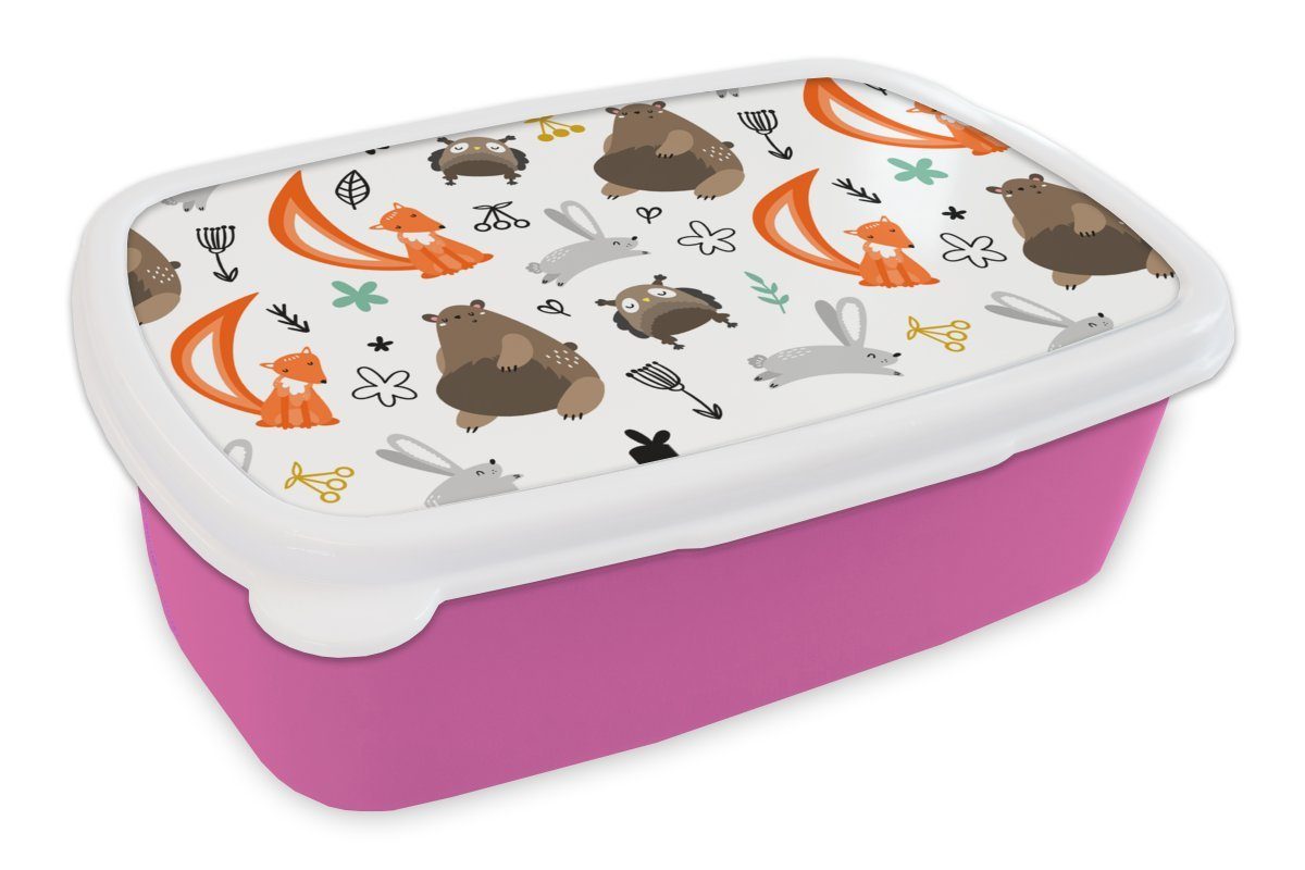 MuchoWow Lunchbox Tiere - Wald - Muster, Kunststoff, (2-tlg), Brotbox für Erwachsene, Brotdose Kinder, Snackbox, Mädchen, Kunststoff rosa