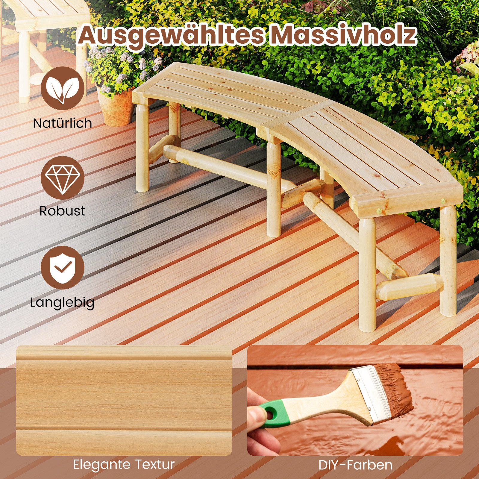 COSTWAY Gartenbank, 3 Sitzer Sitzbank Holzbank, bis 360 kg belastbar