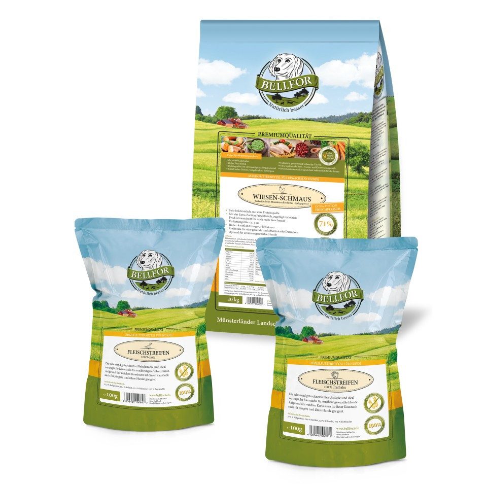 Bellfor Bellfor Sparset Nr. 3 - Wiesen-Schmaus 10kg + Fleischstreifen Truthahn, für: Hunde