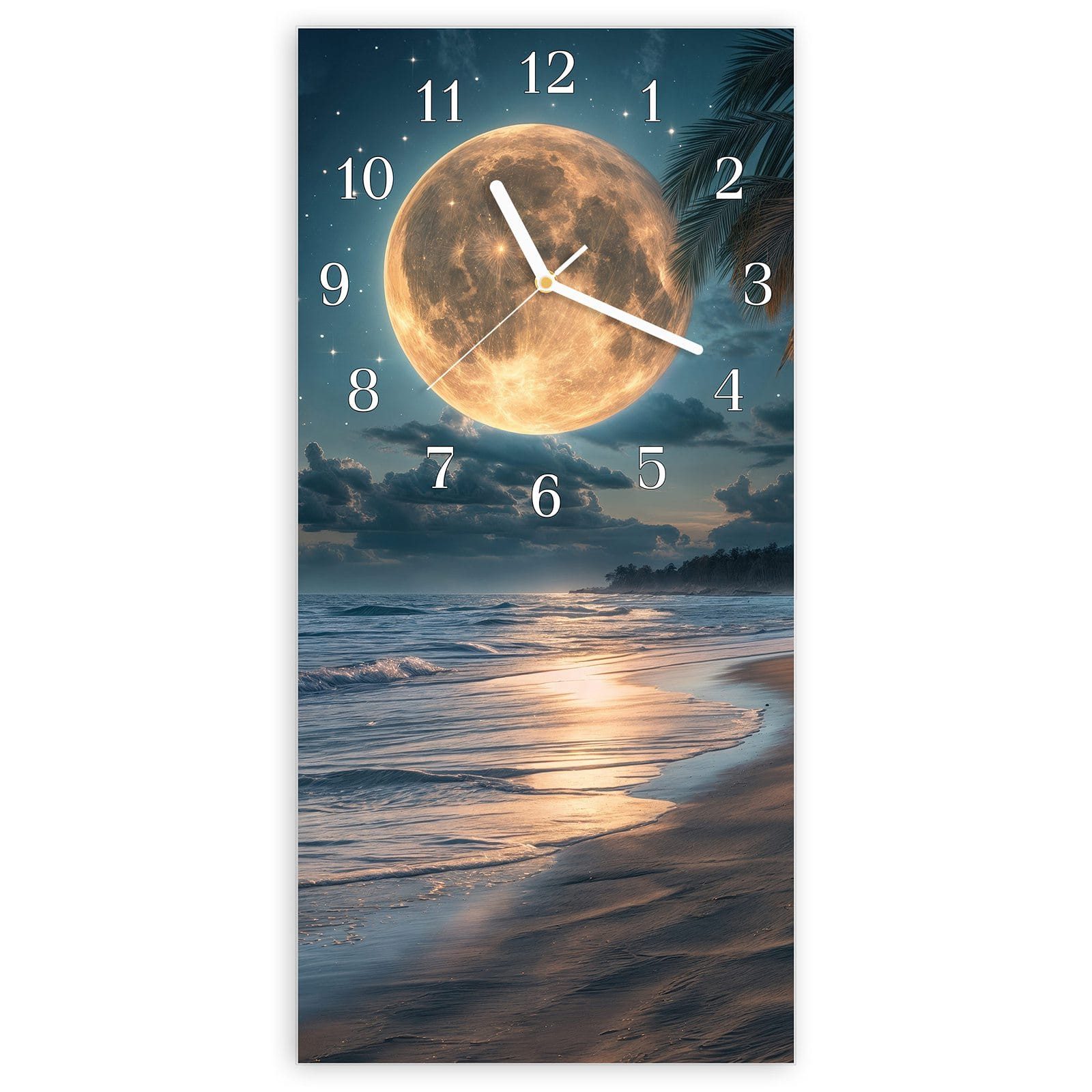 Wanduhr Glasuhr Wandkunst Größe 30 x 60 cm mit Motiv Mondnacht am Strand